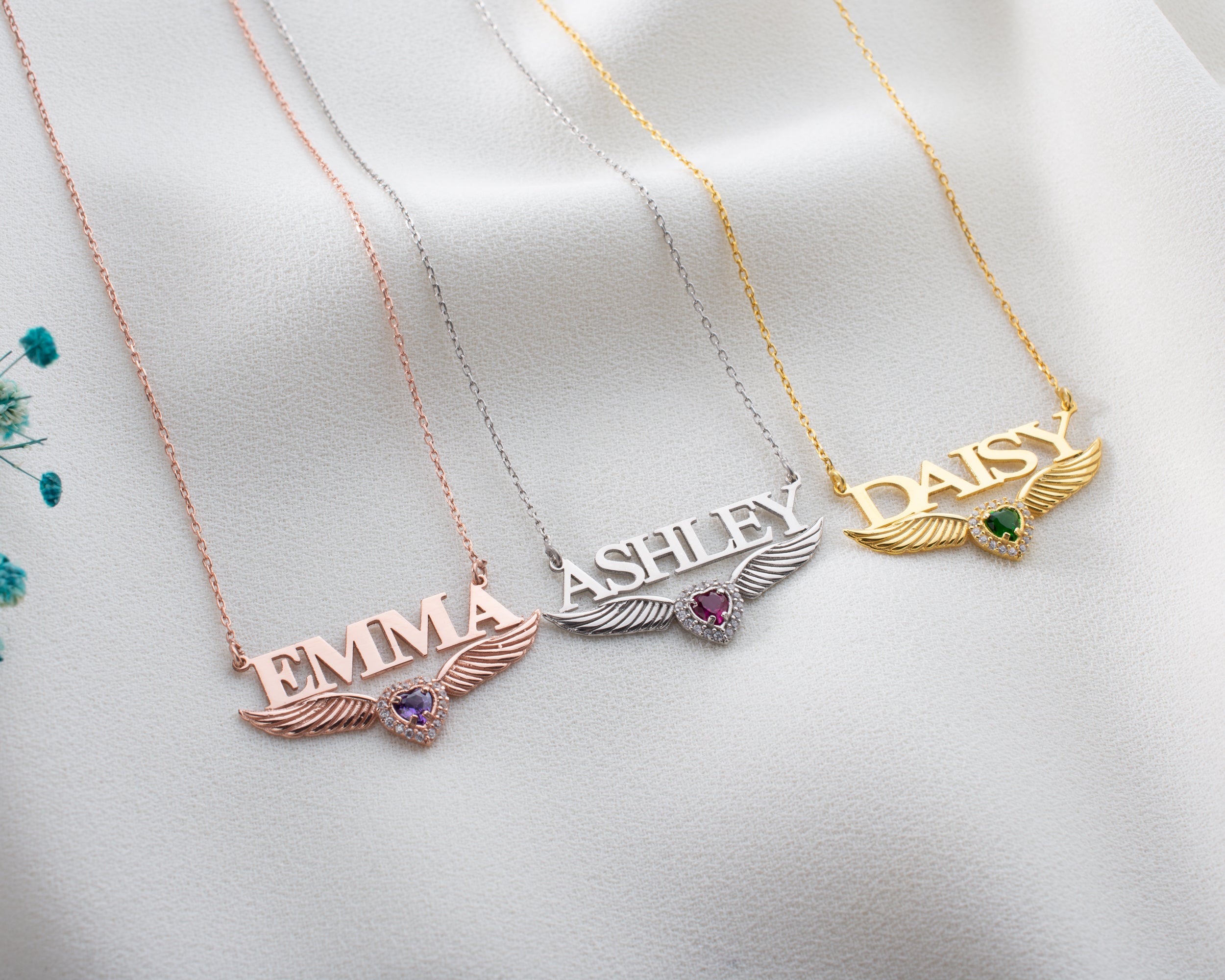 Angel Wing Name Necklace with Birthstone