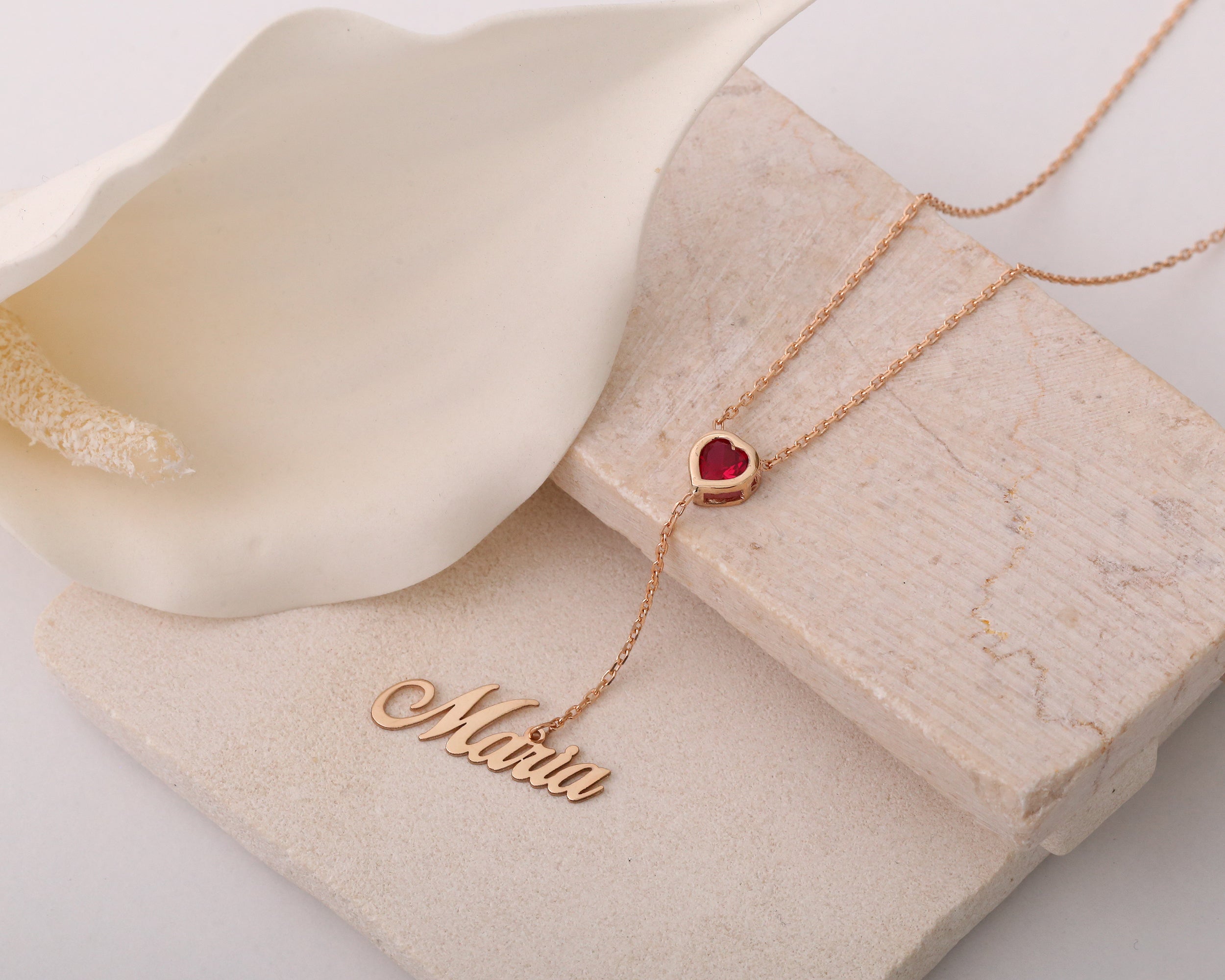 Heart Birthstone Necklace with Name Charm
