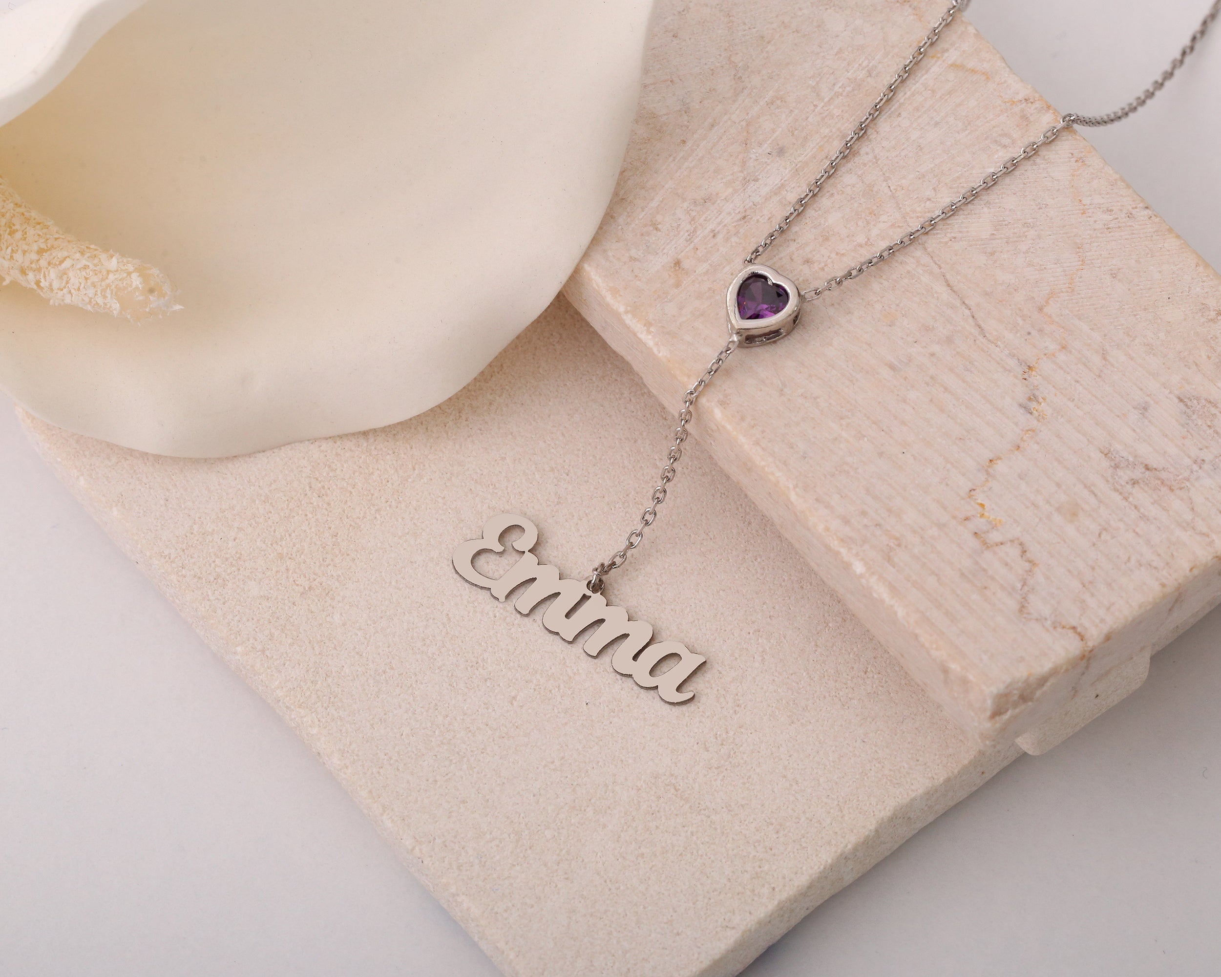 Heart Birthstone Necklace with Name Charm