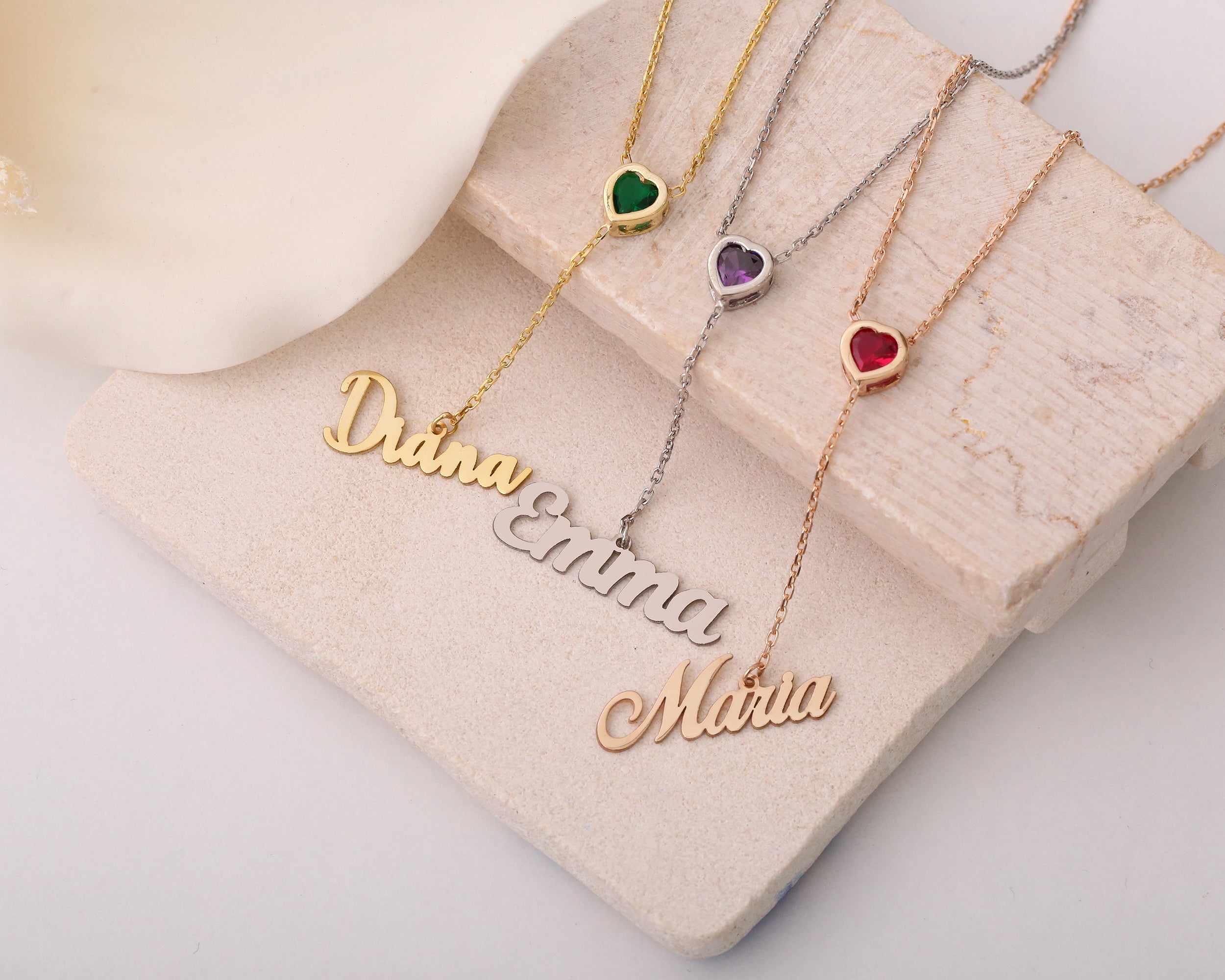 Heart Birthstone Necklace with Name Charm