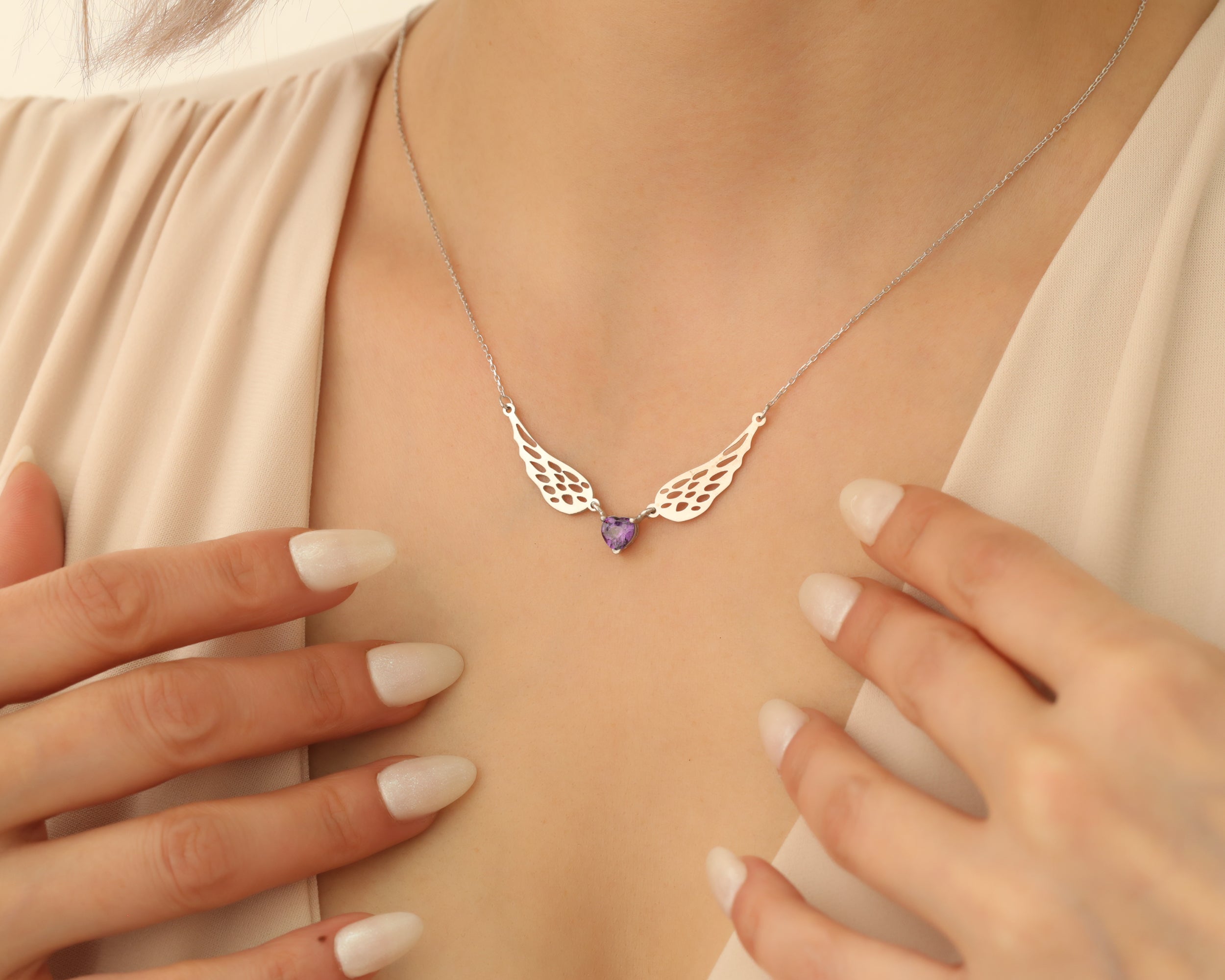Angel Wing Heart Birthstone Necklace