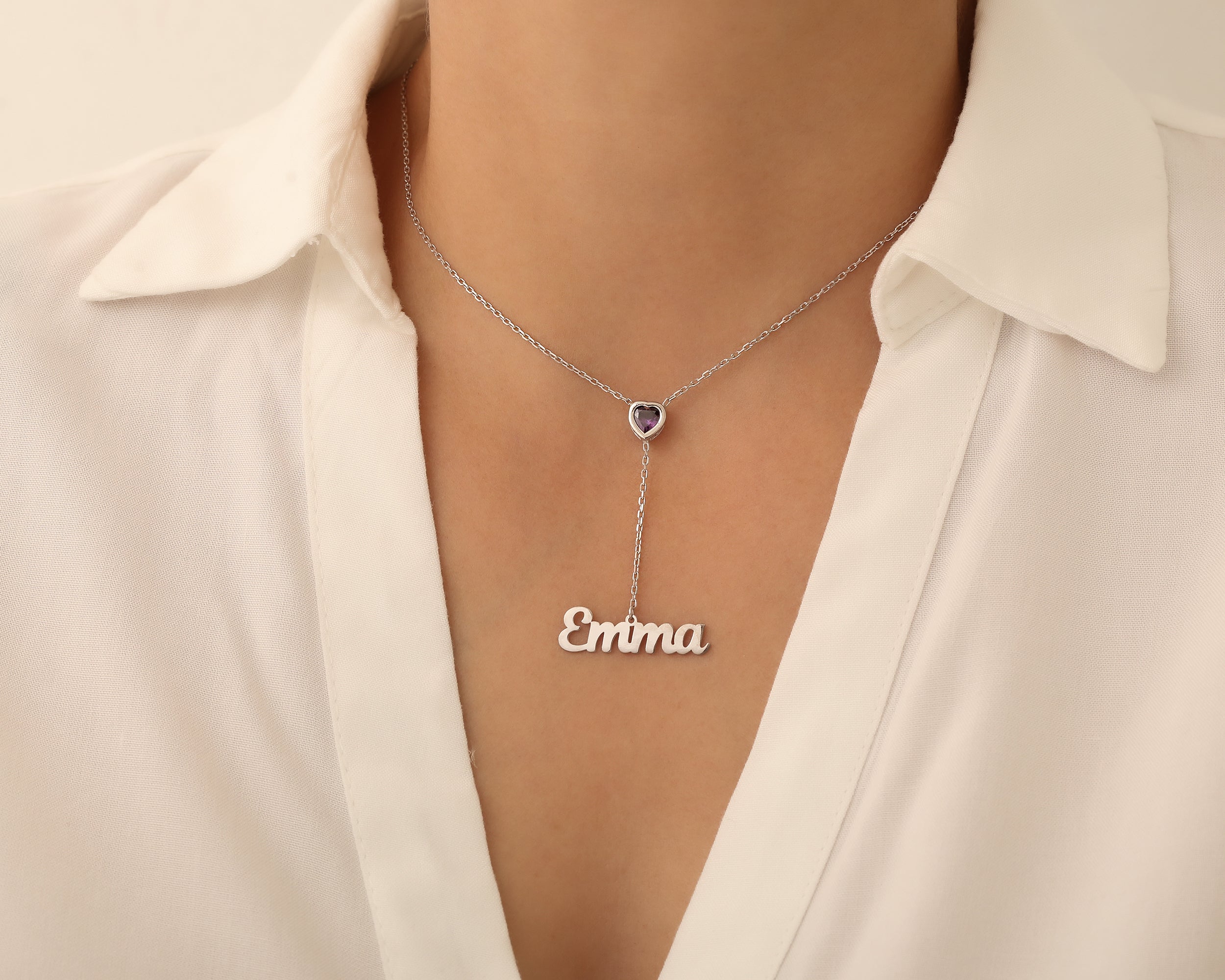 Heart Birthstone Necklace with Name Charm
