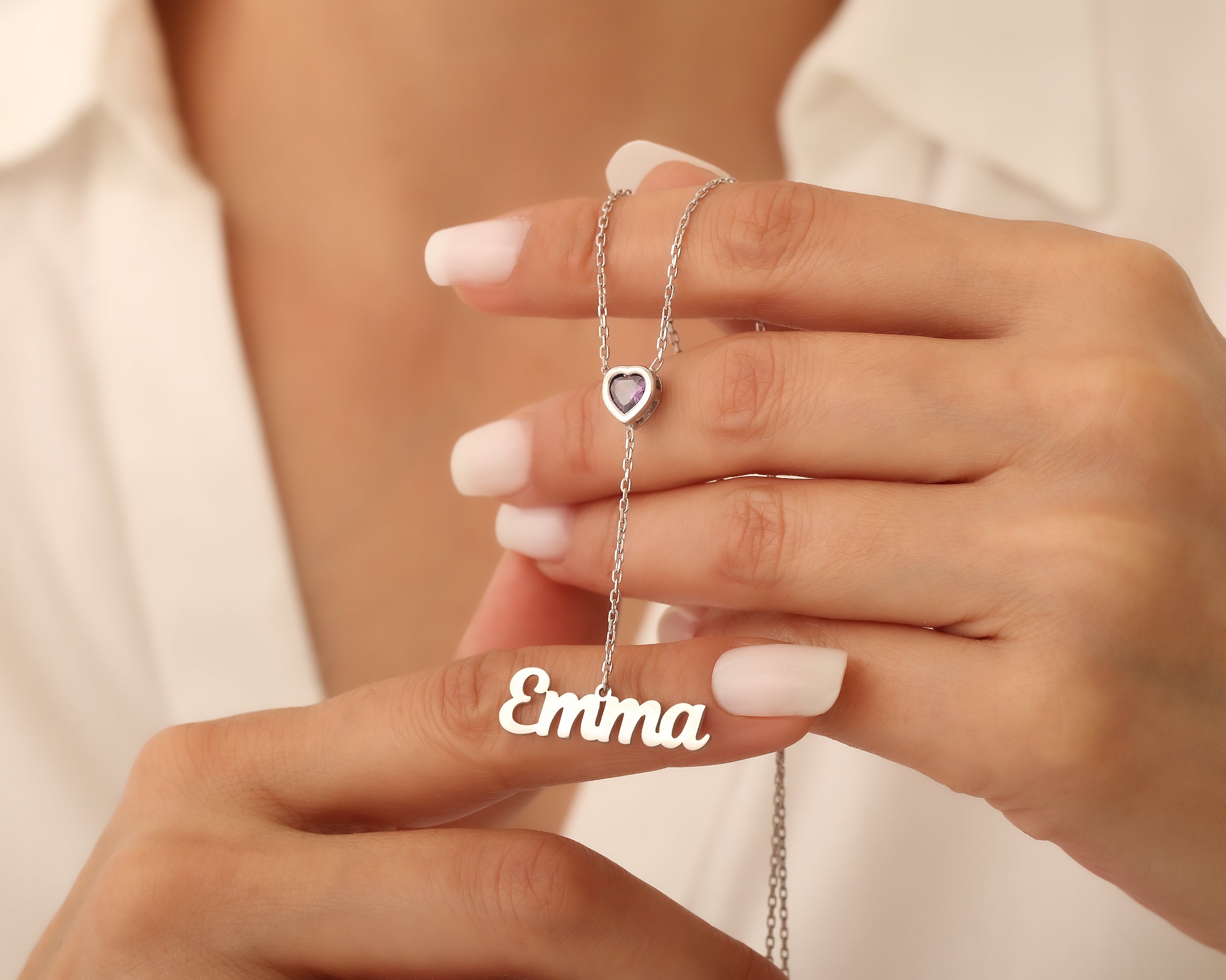 Heart Birthstone Necklace with Name Charm