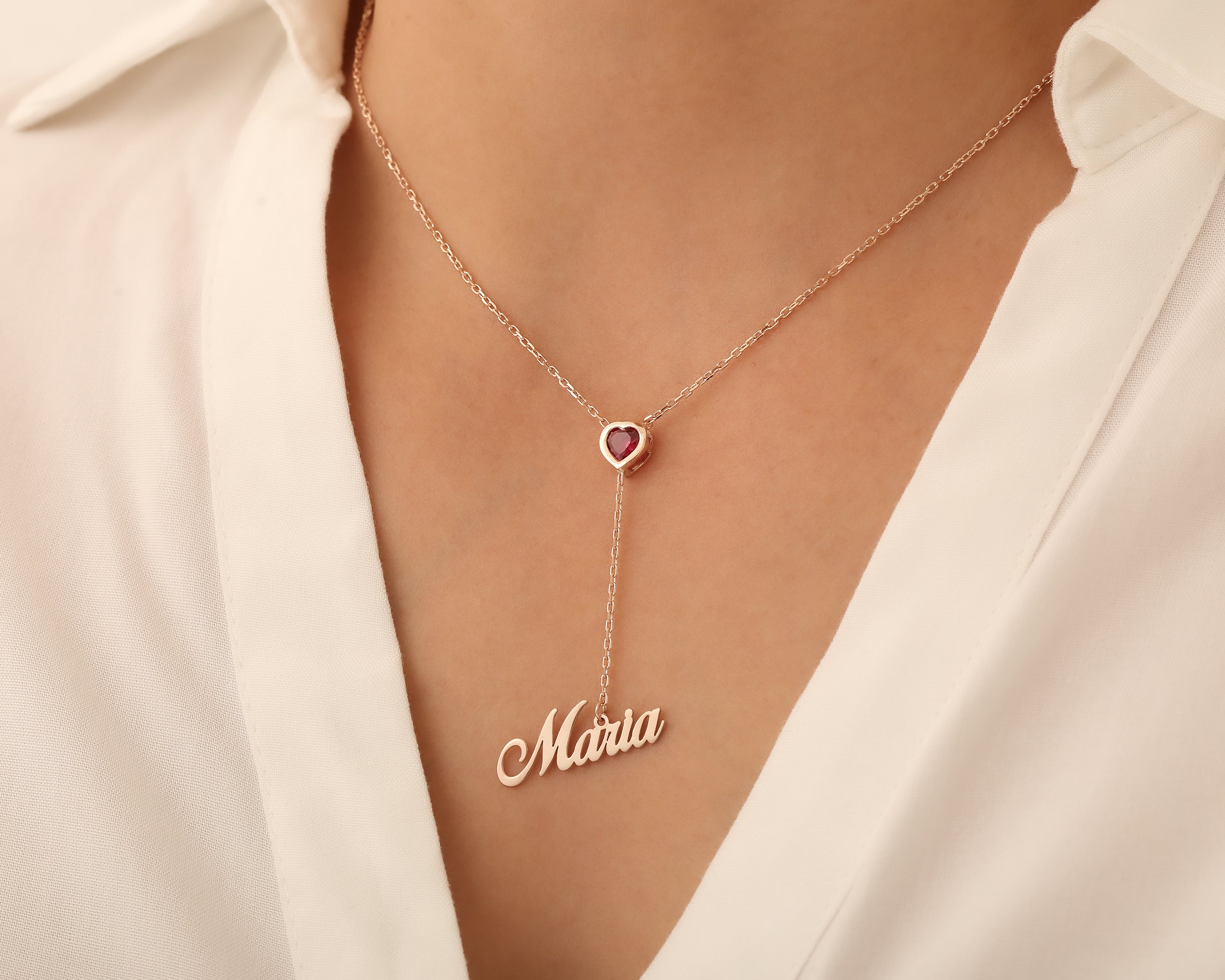 Heart Birthstone Necklace with Name Charm