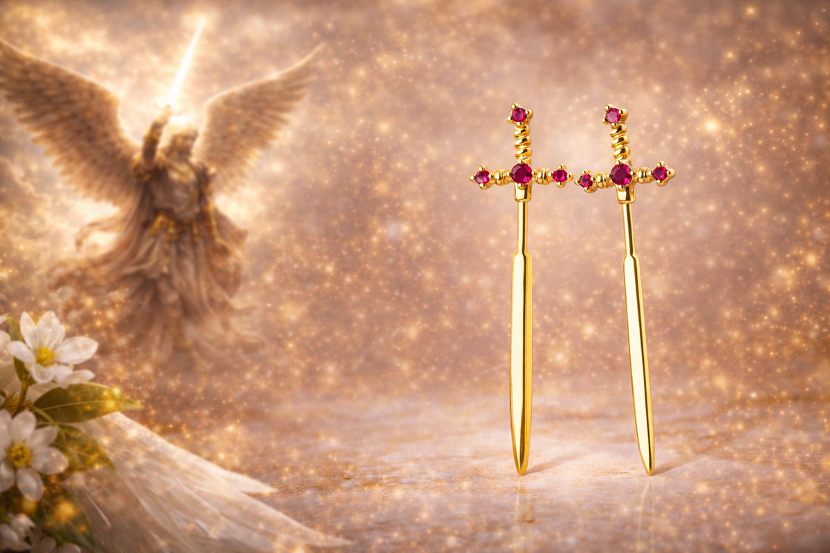 Sword Cross Drop Stud Earrings Gold