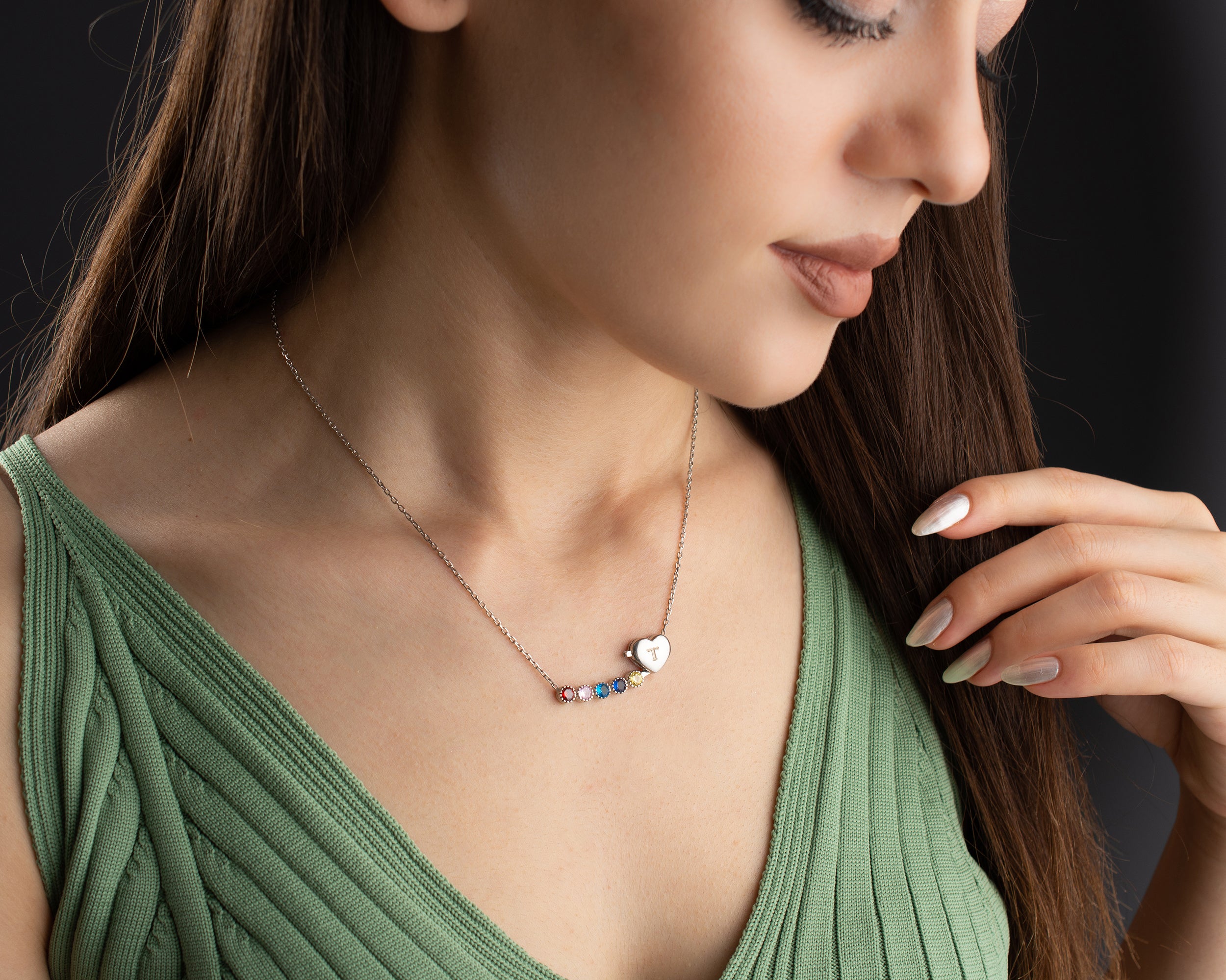 Custom Initial Heart Family Birthstone Necklace