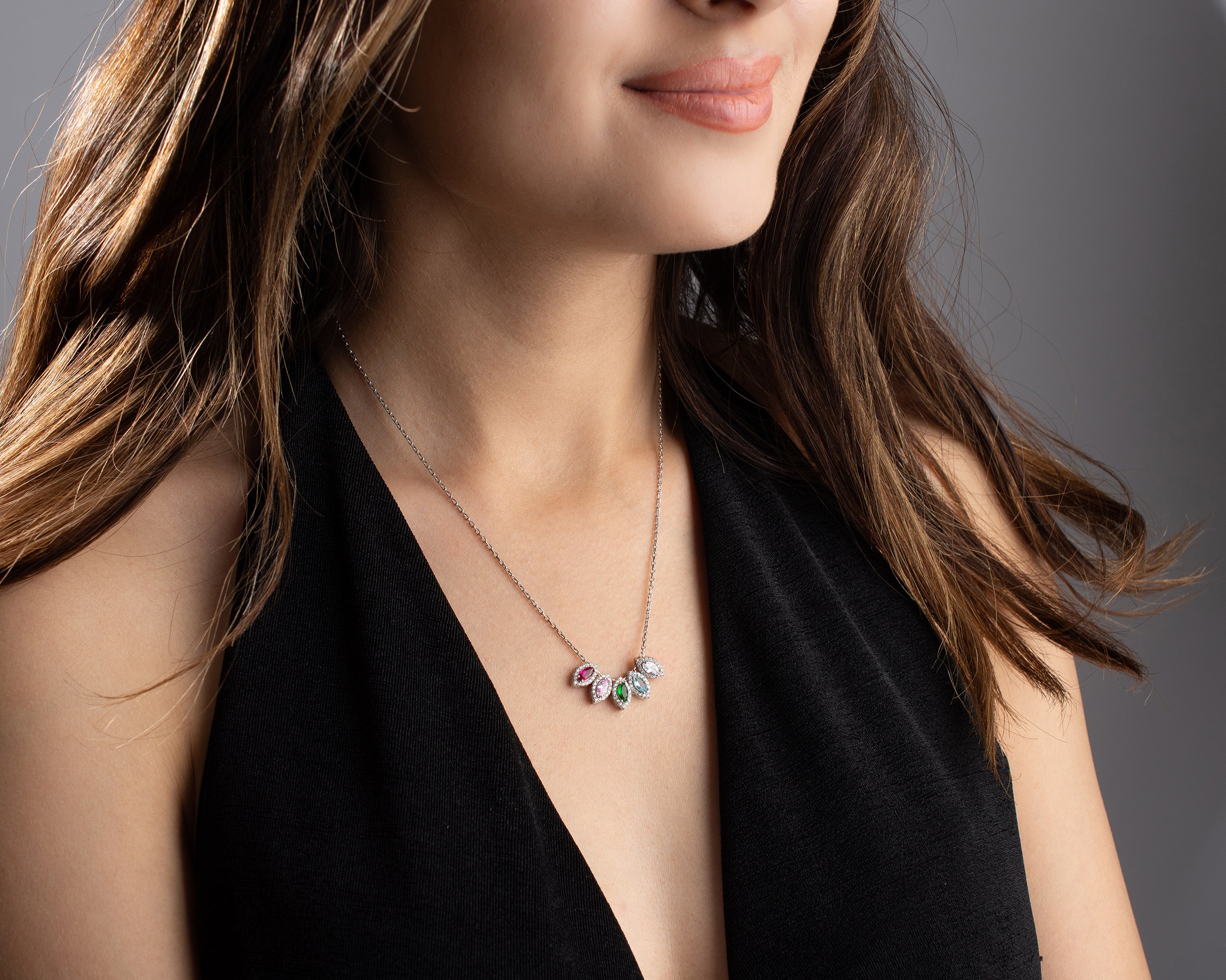 Marquise Cluster Family Birthstone Necklace