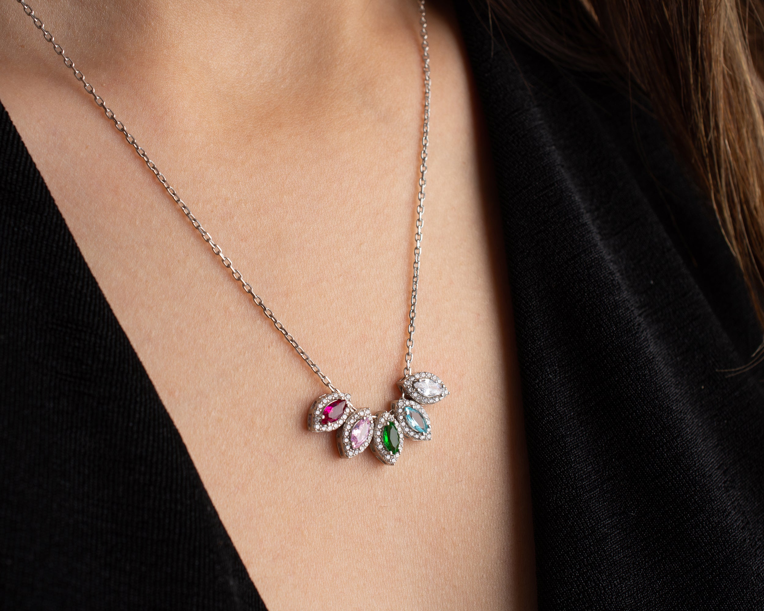 Marquise Cluster Family Birthstone Necklace