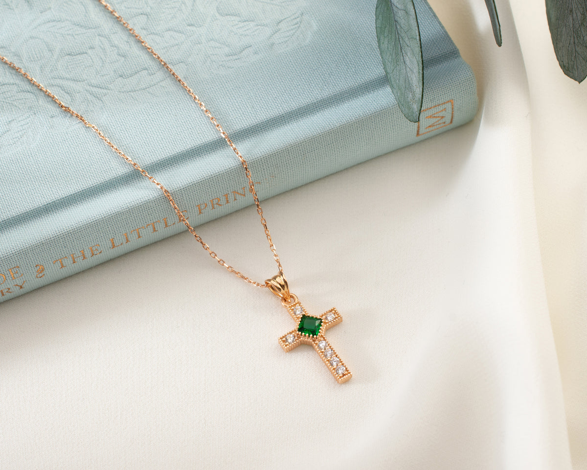 Halo Cross Birthstone Necklace