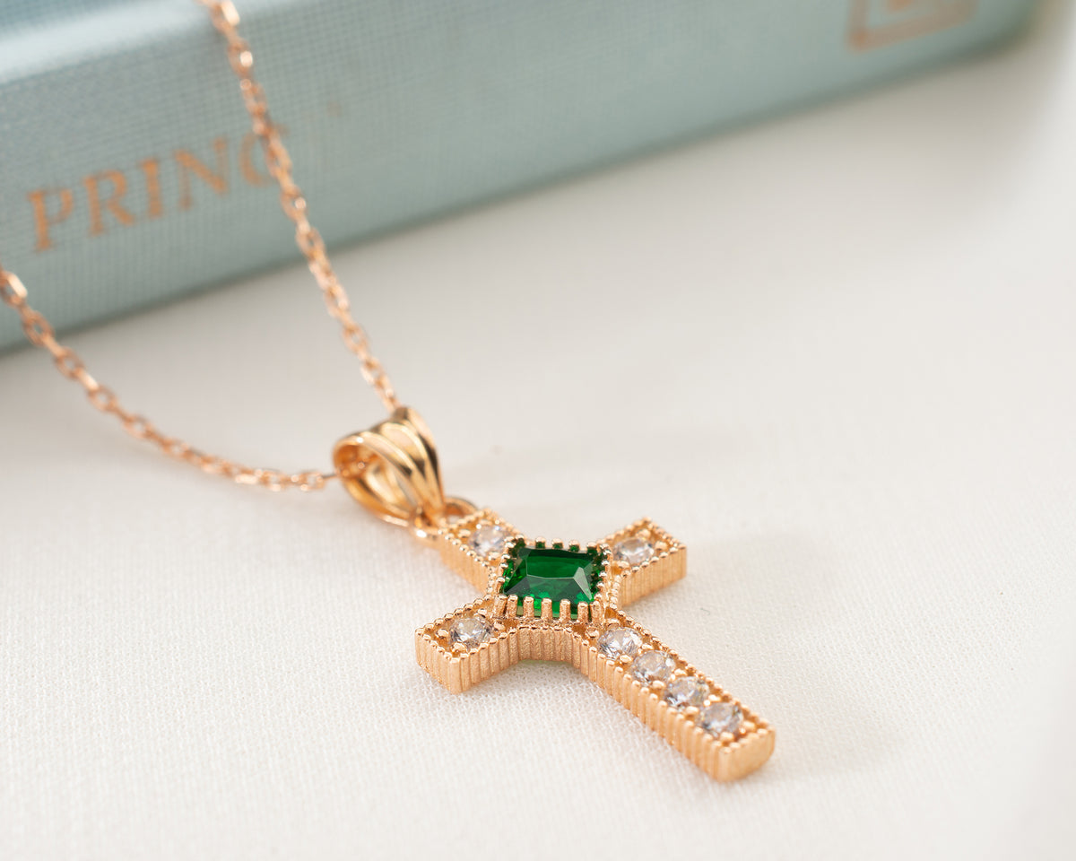 Halo Cross Birthstone Necklace