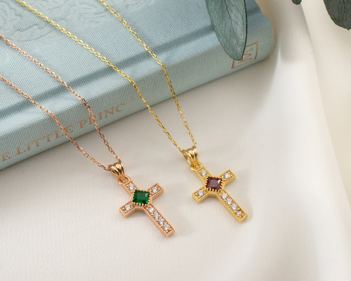 Halo Cross Birthstone Necklace