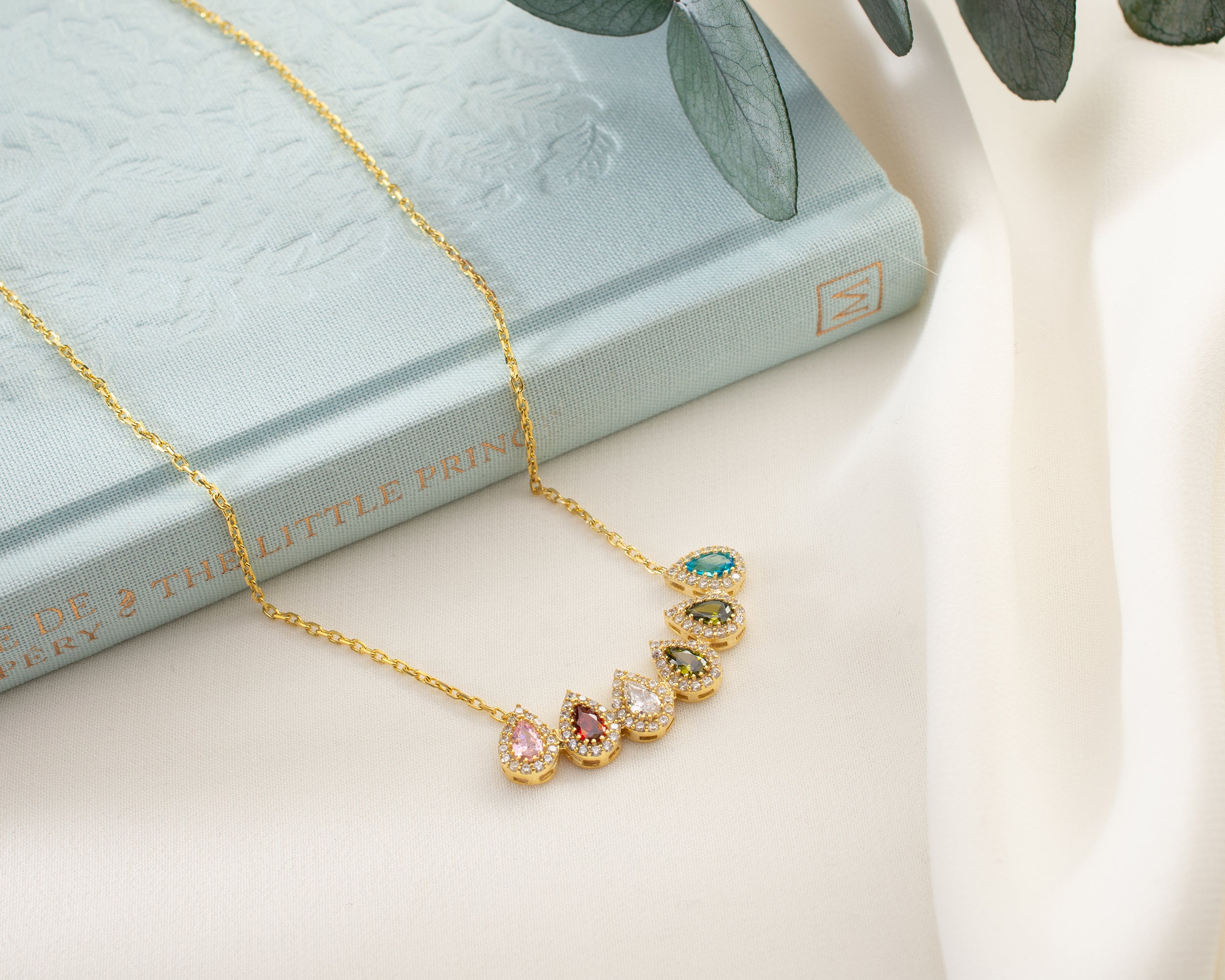 Family Birthstone Curved Bar Necklace