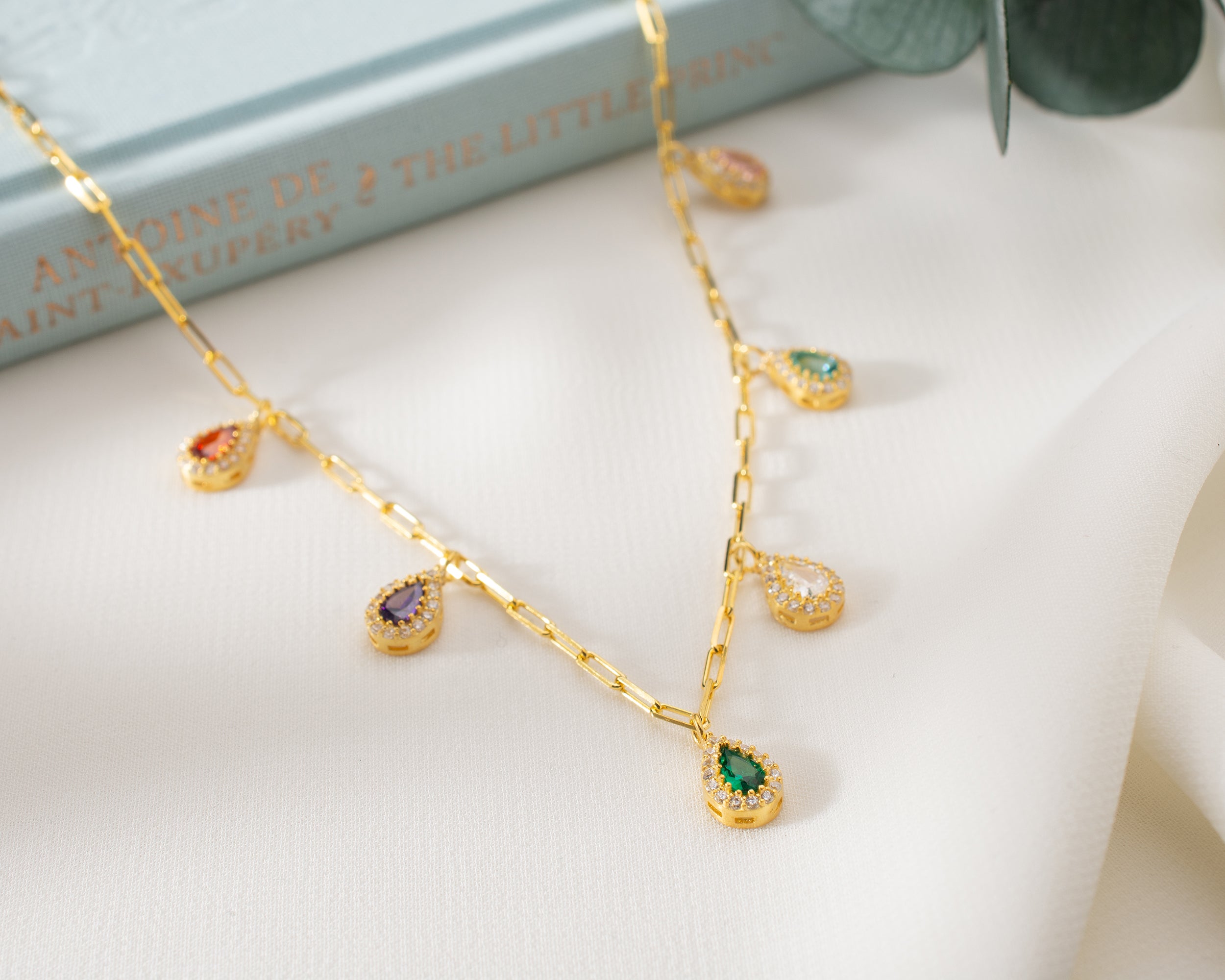 Multi Birthstone Teardrop Drop Necklace