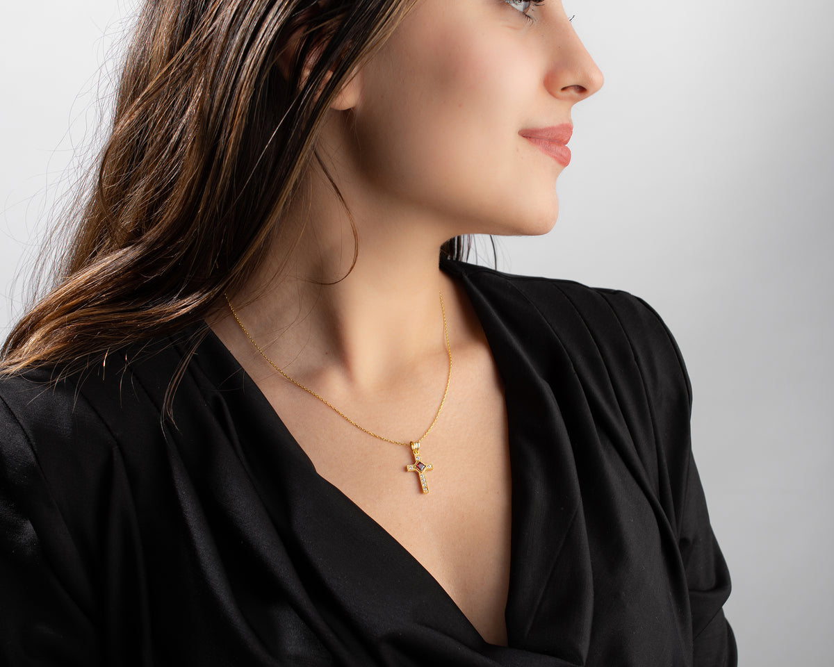 Halo Cross Birthstone Necklace
