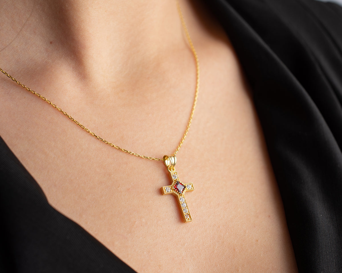 Halo Cross Birthstone Necklace