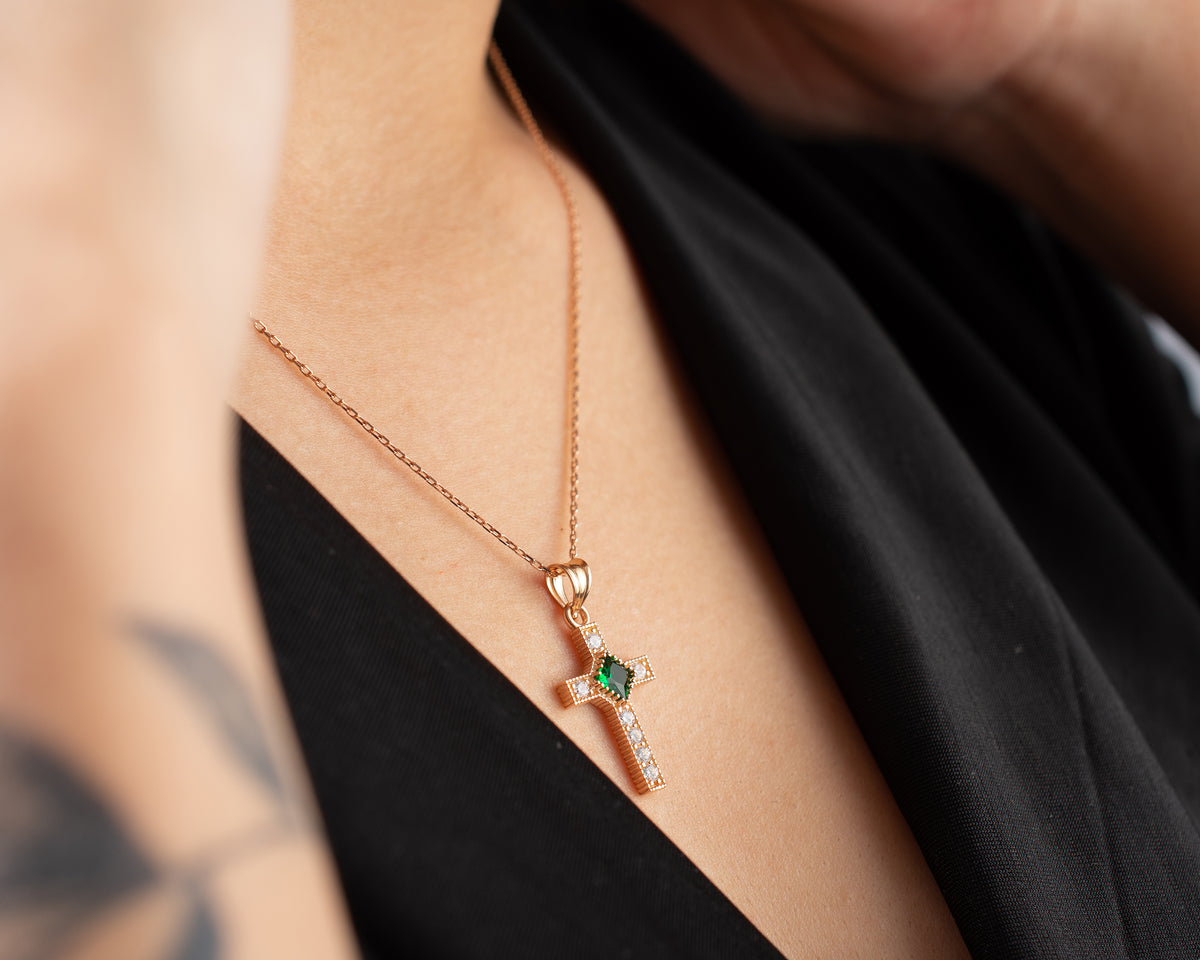 Halo Cross Birthstone Necklace