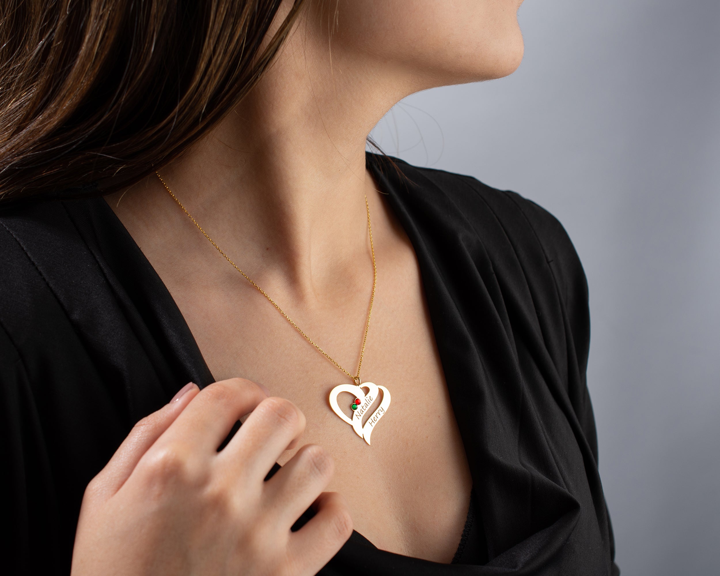 Engraved Double Heart Birthstone Necklace