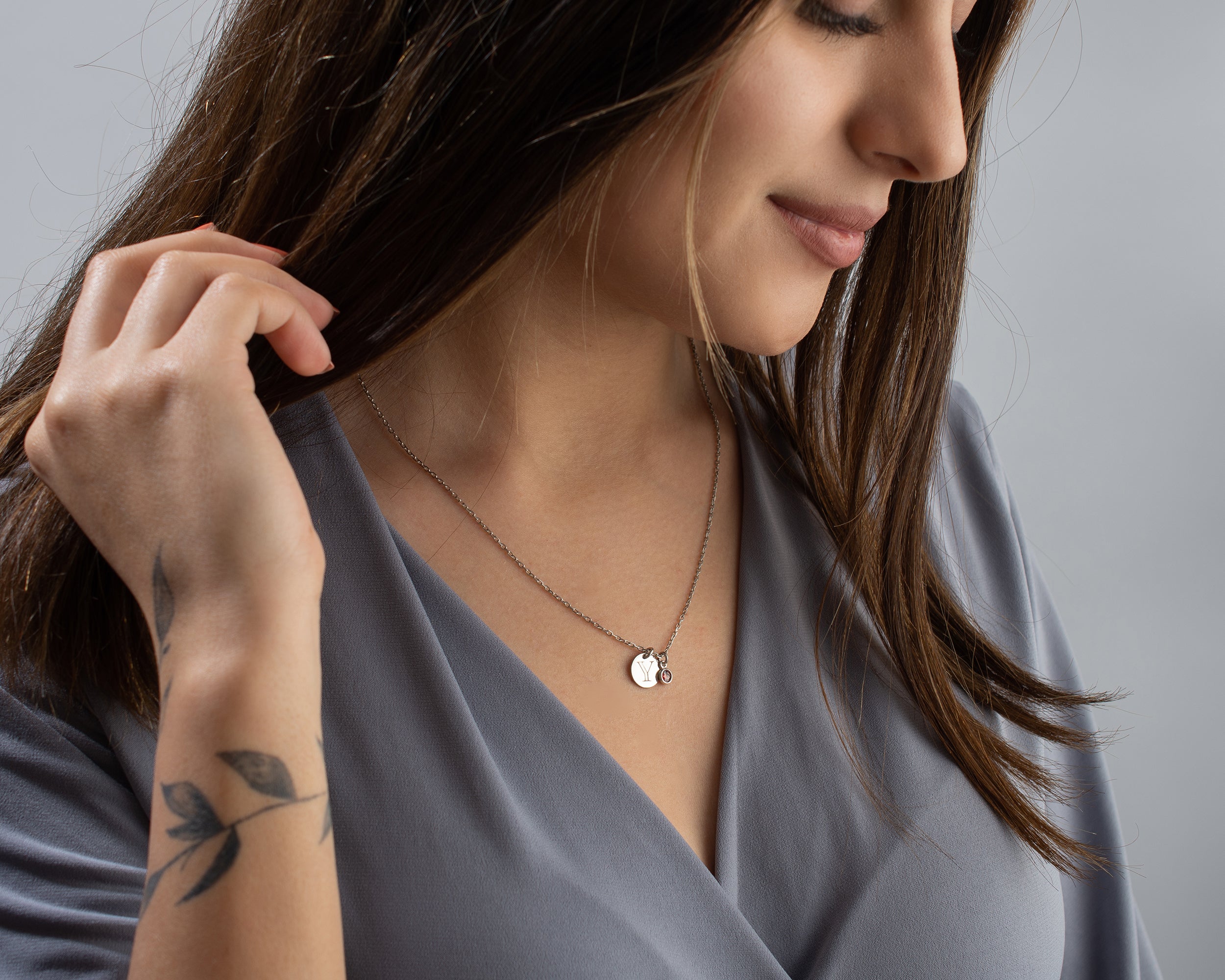Initial Disc Necklace with Birthstone Charm