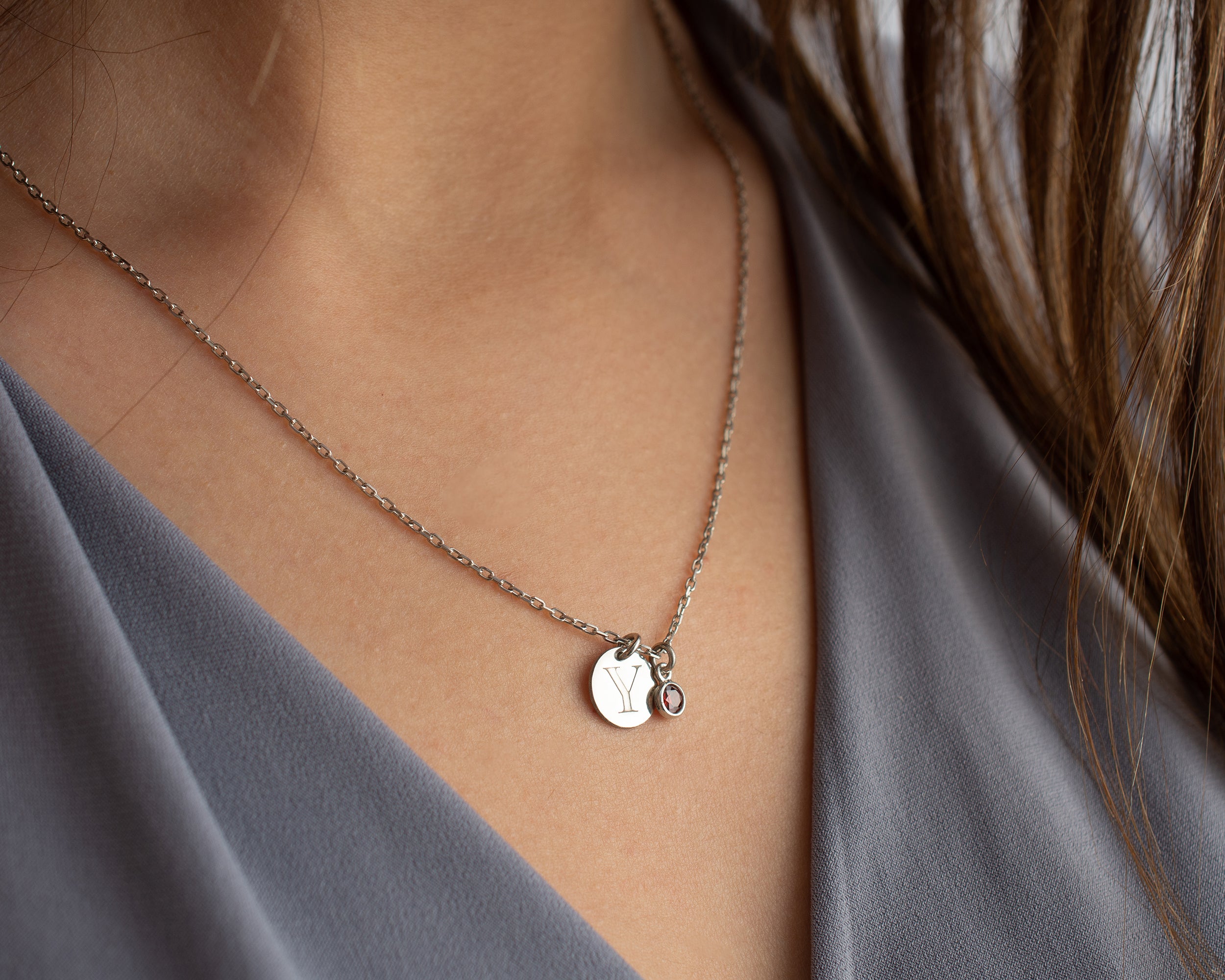 Initial Disc Necklace with Birthstone Charm