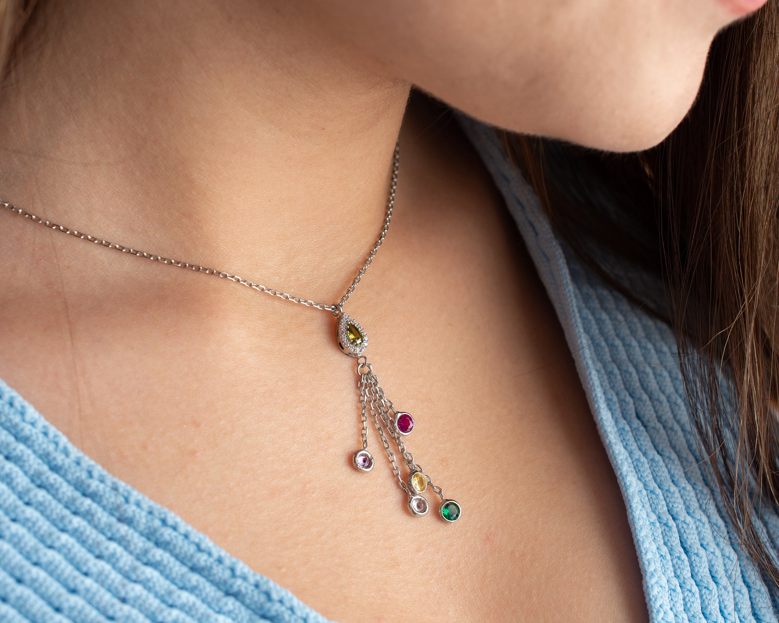 Minimal Family Birthstone Drop Necklace