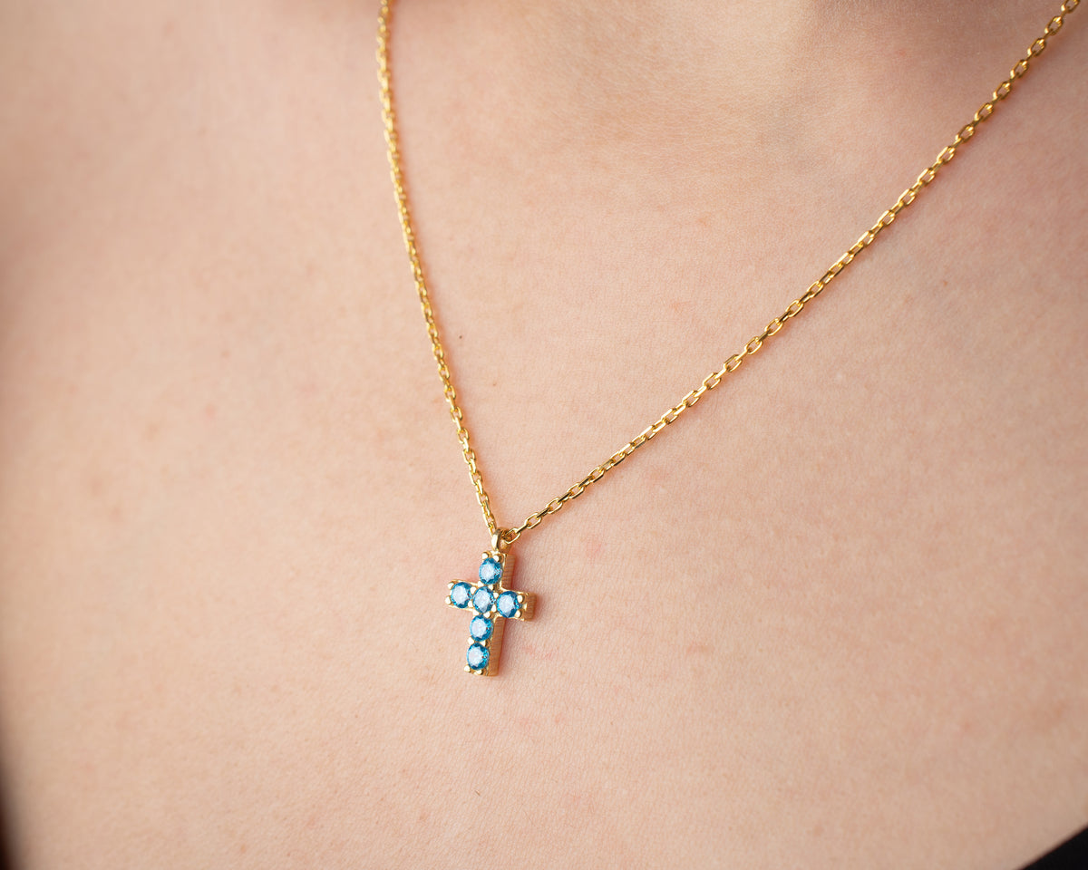 Delicate Pave Birthstone Cross Necklace