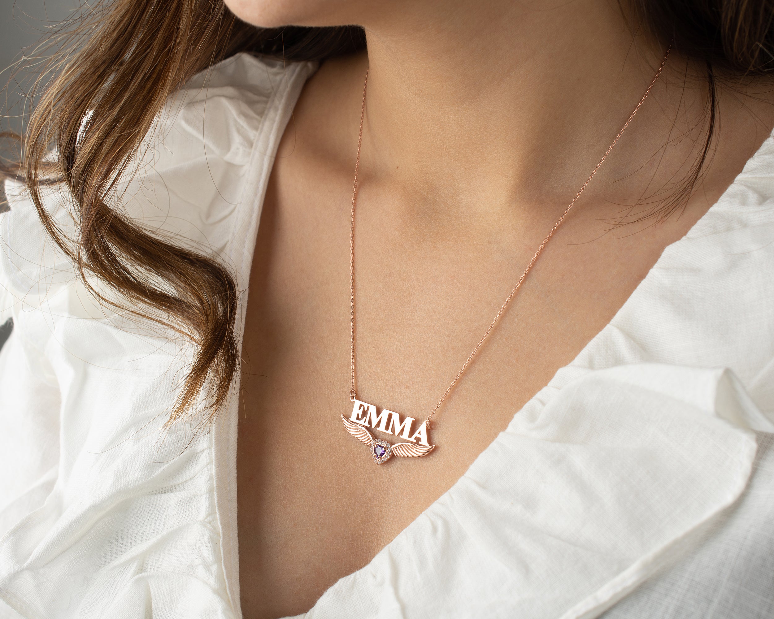 Custom Name Necklace with Angel Wings and Birthstone