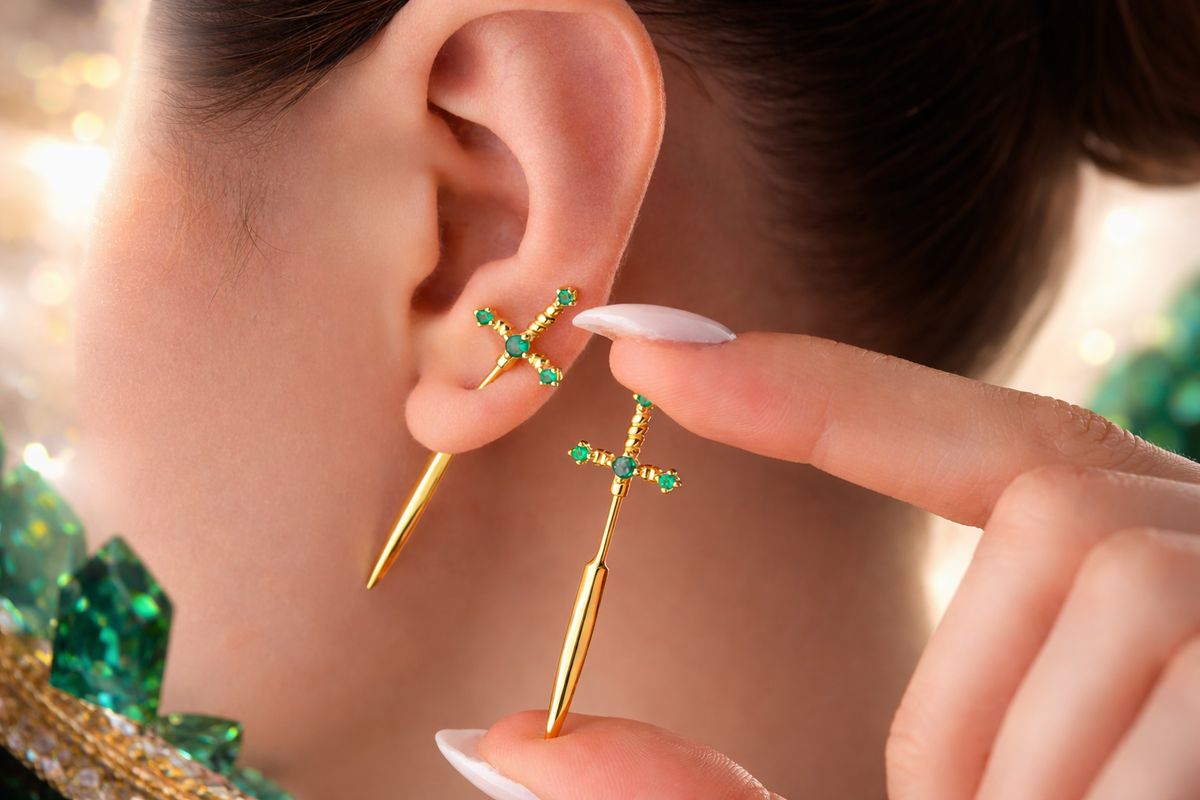 Emerald Green Sword Stud Earrings in Gold