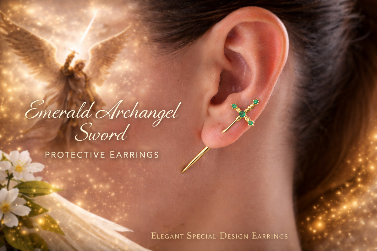 Emerald Green Sword Stud Earrings in Gold