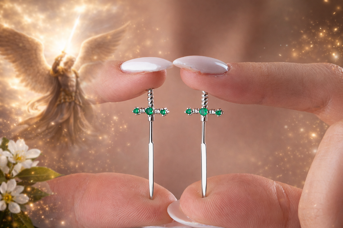 Emerald Green Sword Stud Earrings in Gold