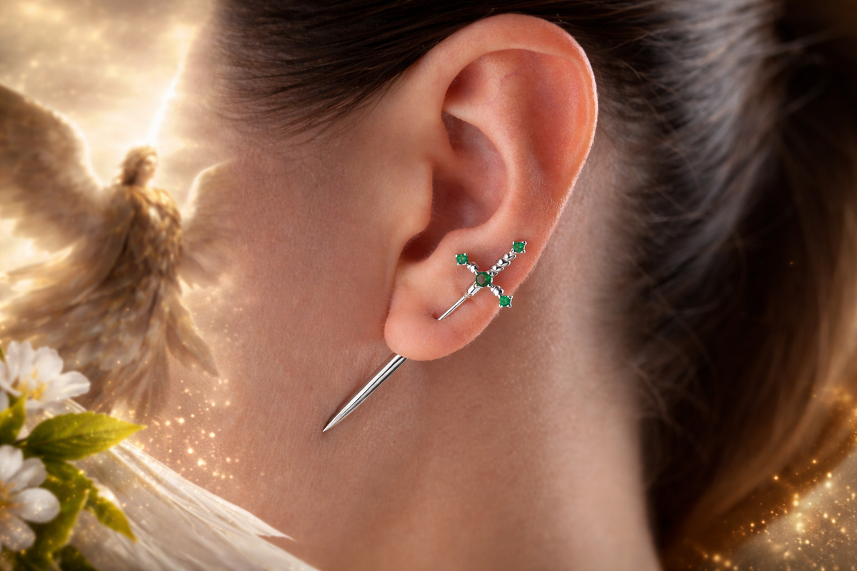 Emerald Green Sword Stud Earrings in Gold