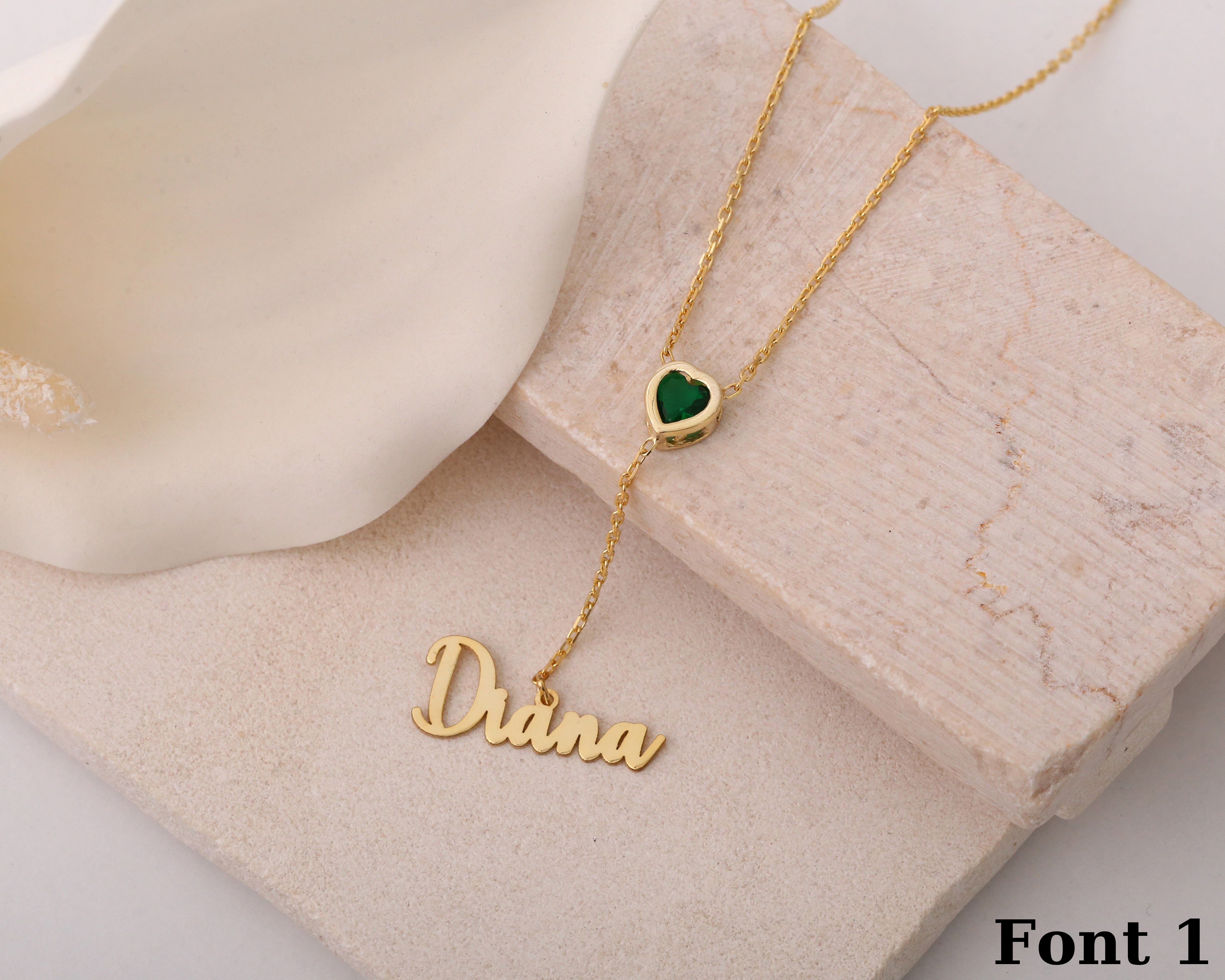 Heart Birthstone Necklace with Name Charm