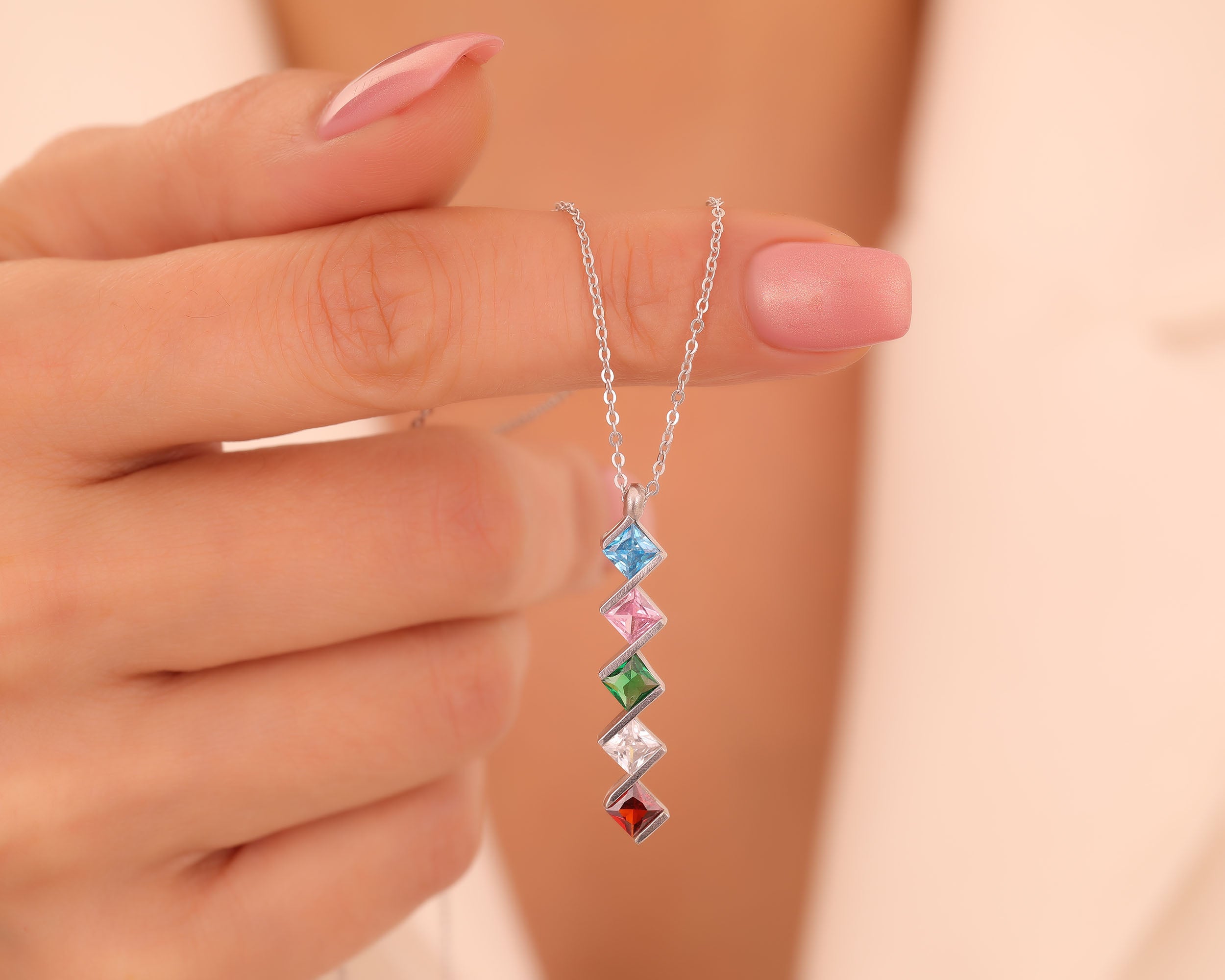 Custom Family Birthstone Zigzag Necklace