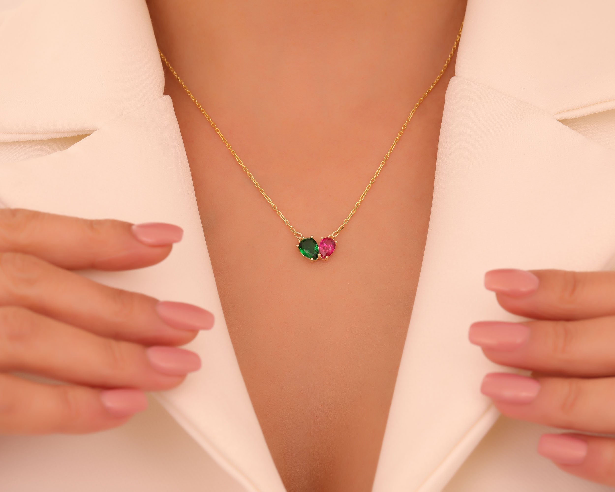 Custom Two Stone Pear Birthstone Necklace