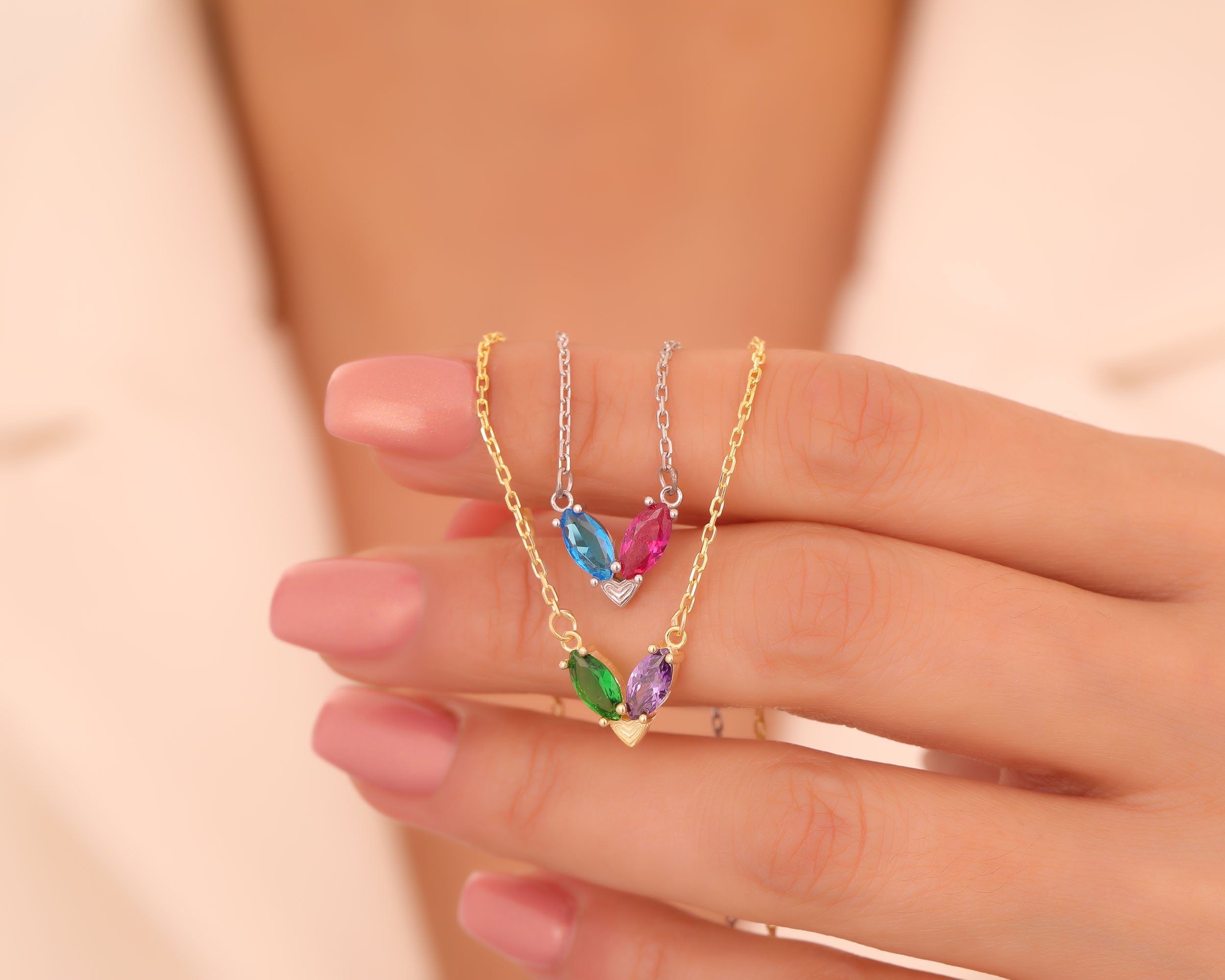 Custom Two Birthstone Heart Necklace