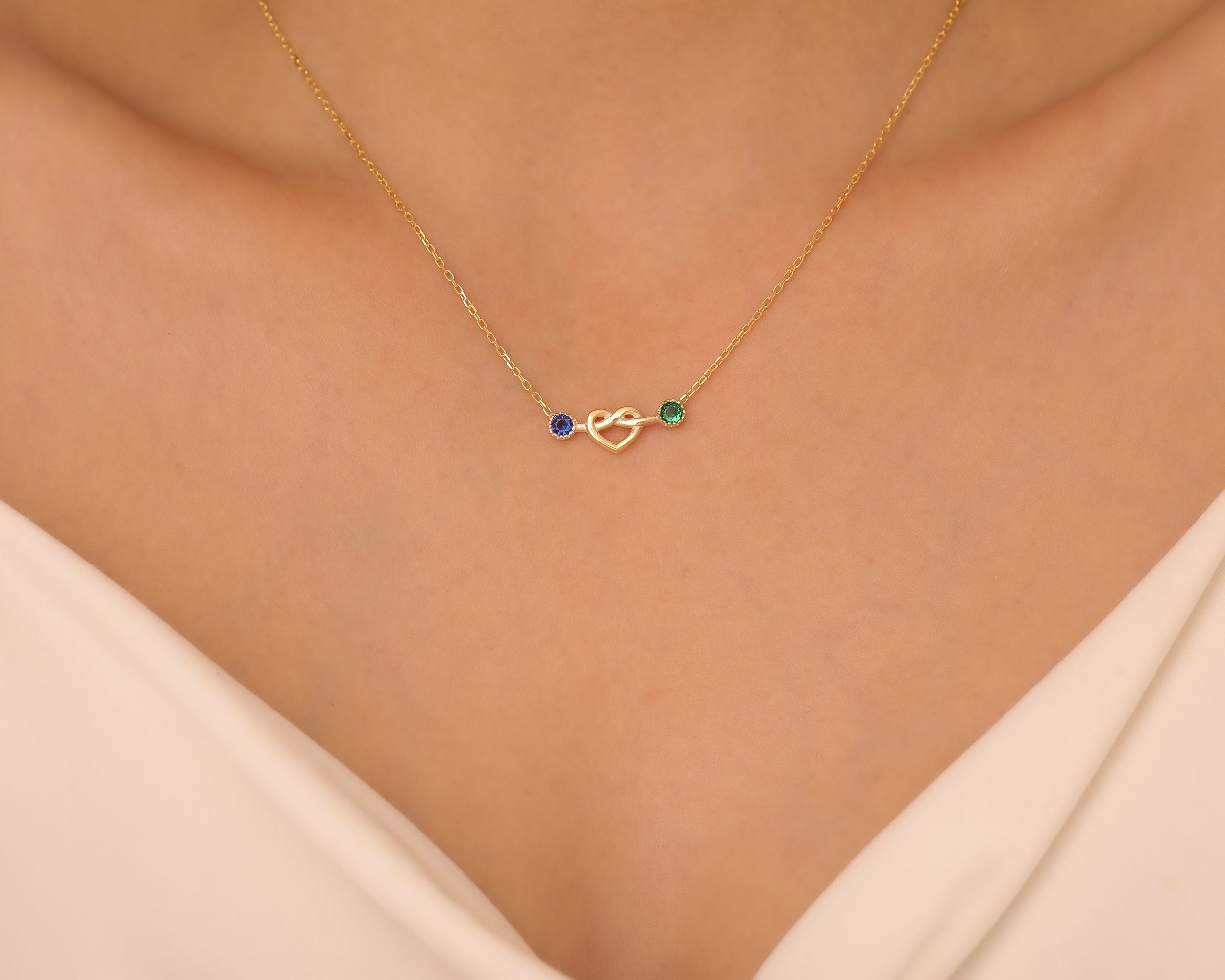 Two Stone Heart Knot Birthstone Necklace