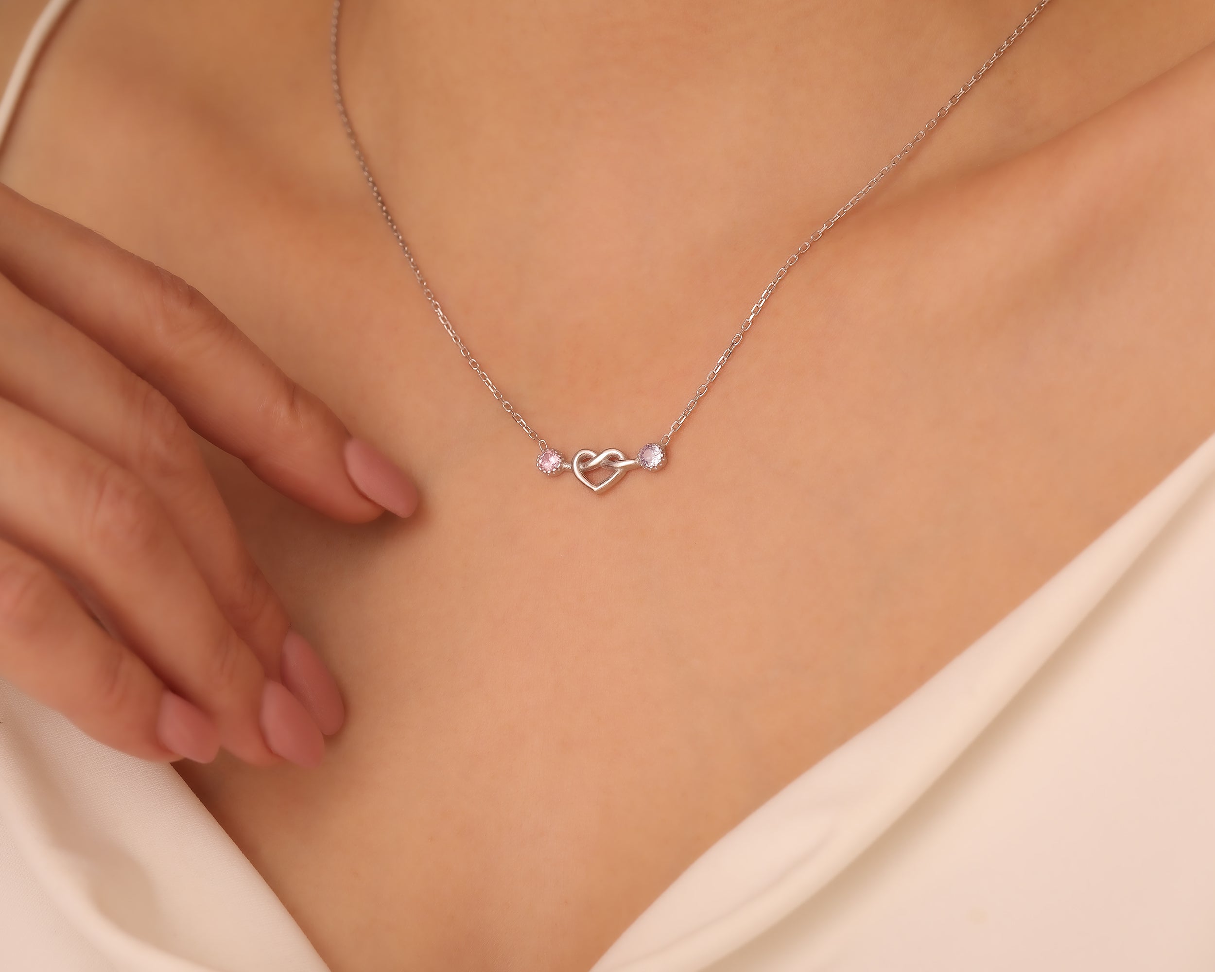 Two Stone Heart Knot Birthstone Necklace