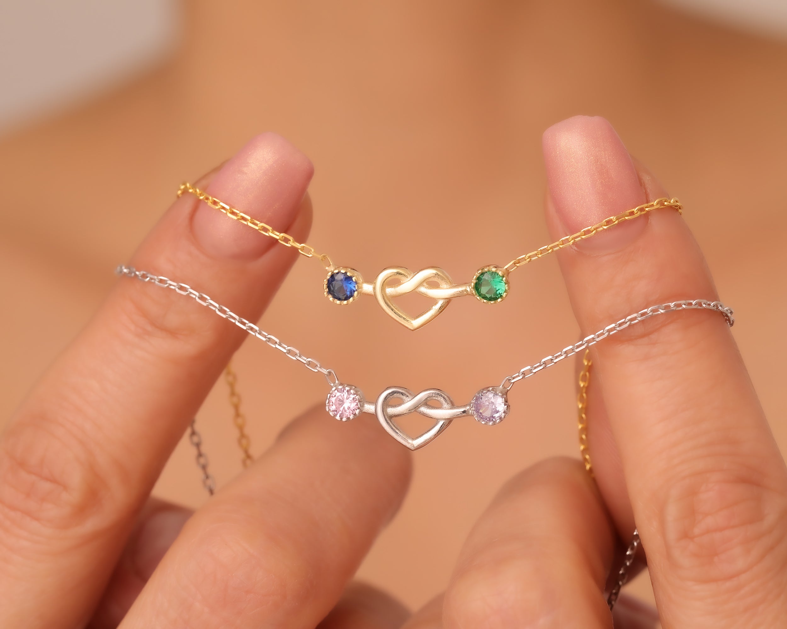 Two Stone Heart Knot Birthstone Necklace
