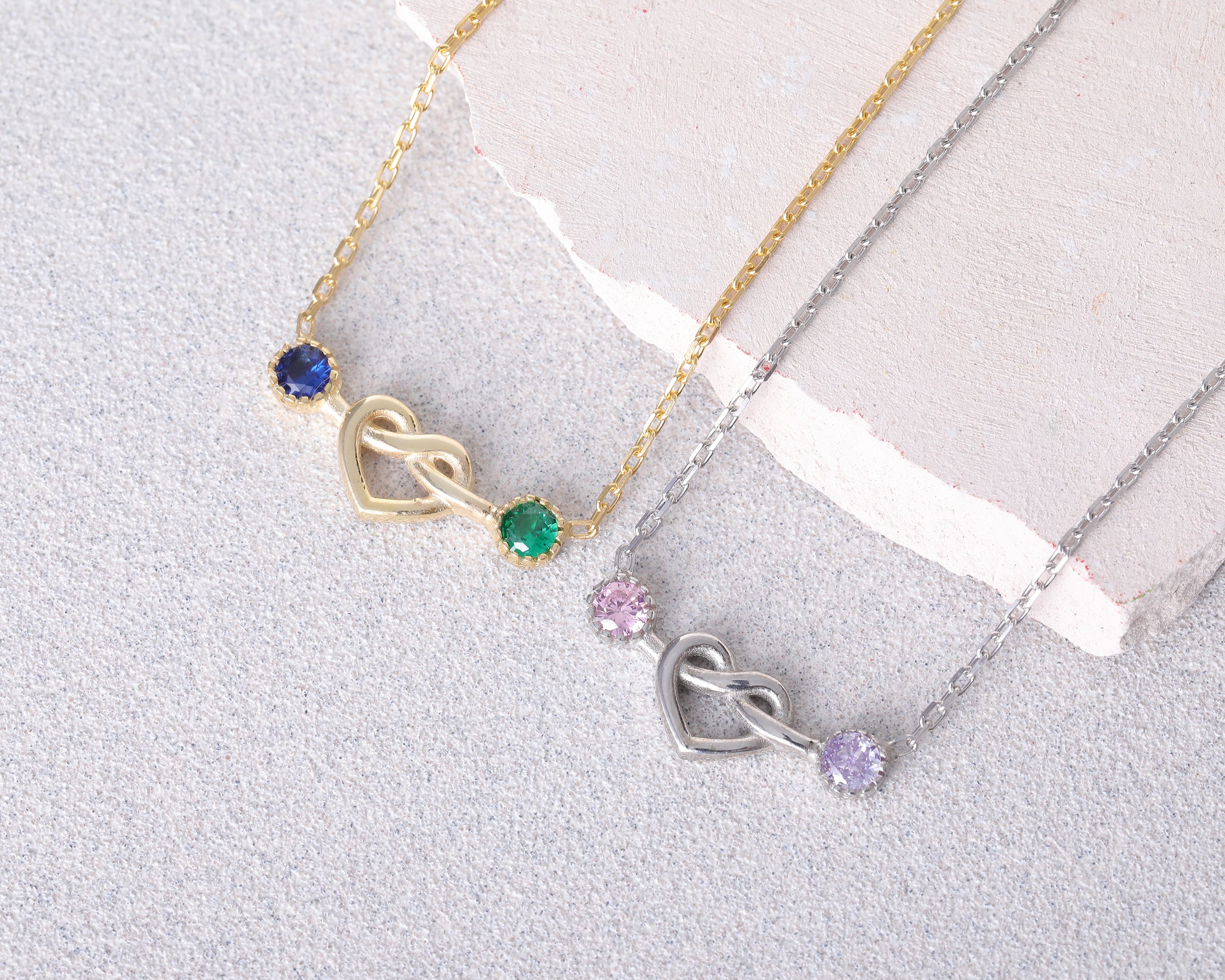 Two Stone Heart Knot Birthstone Necklace