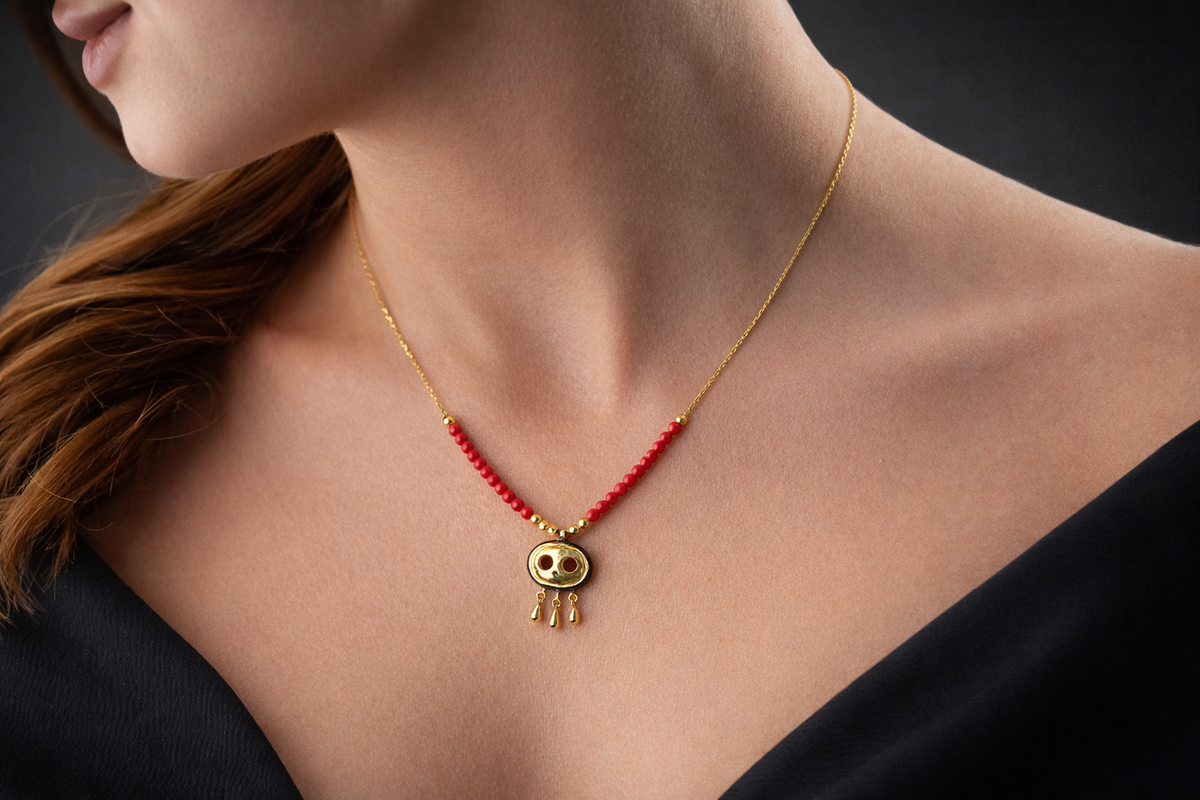 Red Beaded Necklace with Gold Fringe Charm