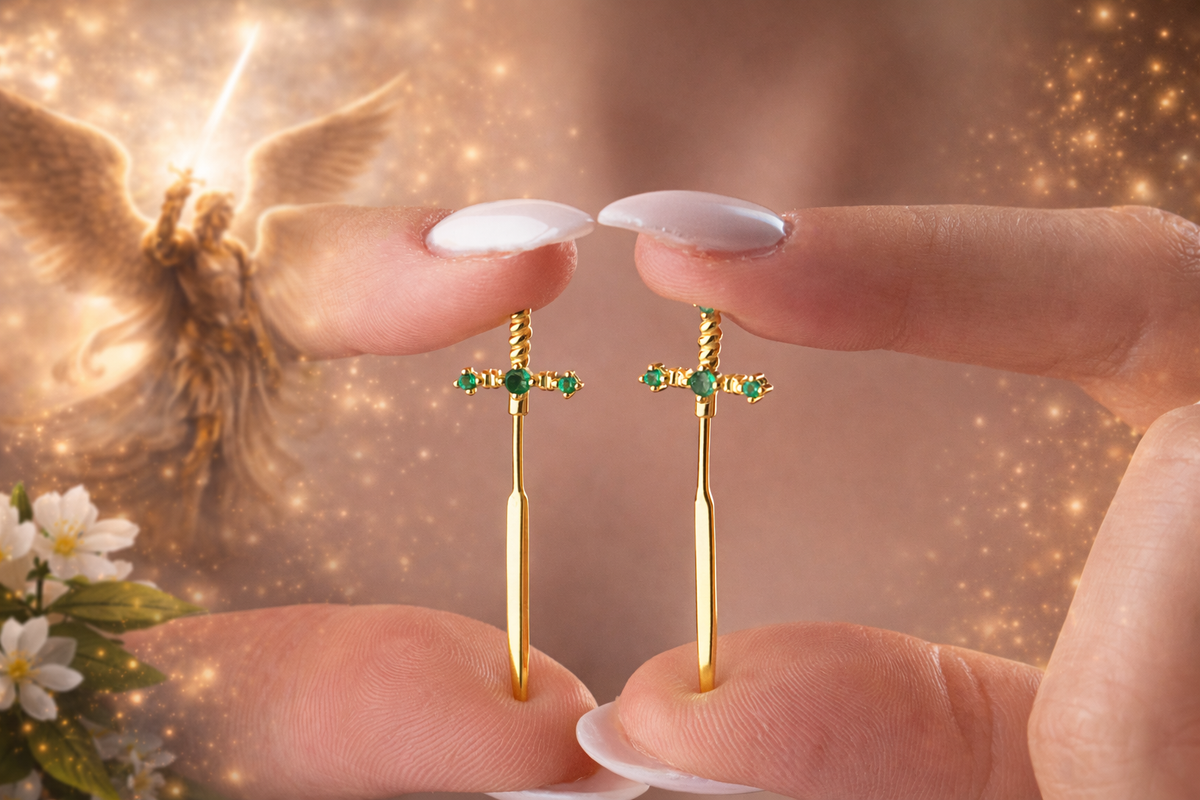 Emerald Green Sword Stud Earrings in Gold