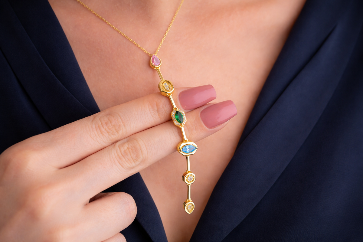 Multi Gemstone Vertical Drop Necklace