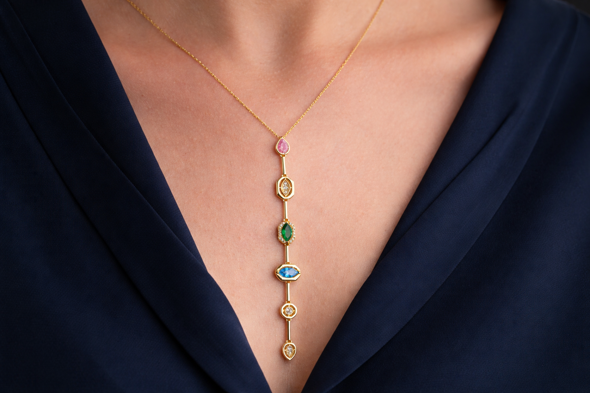 Multi Gemstone Vertical Drop Necklace