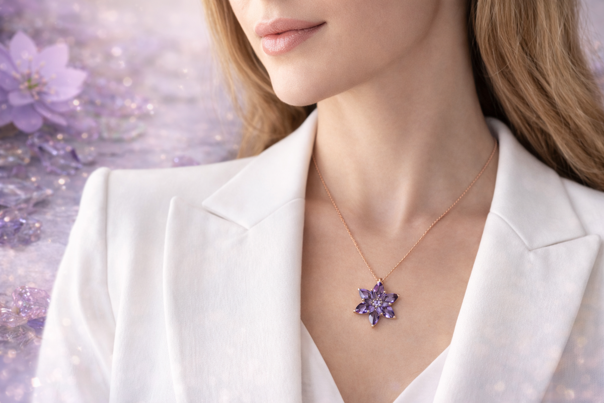Purple Crystal Flower Pendant Necklace