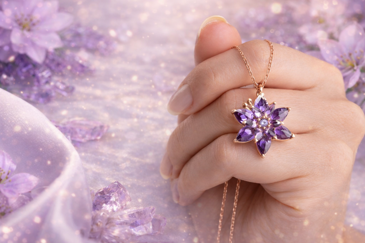 Purple Crystal Flower Pendant Necklace