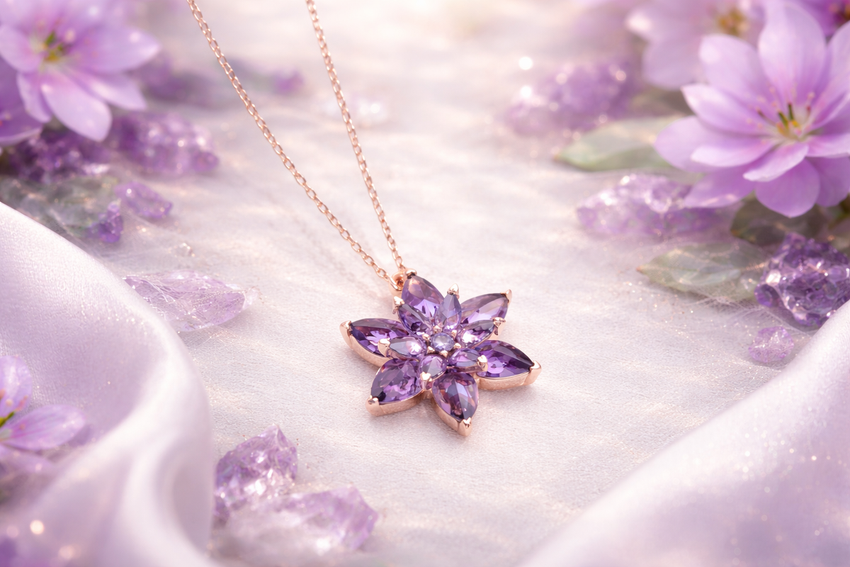 Purple Crystal Flower Pendant Necklace