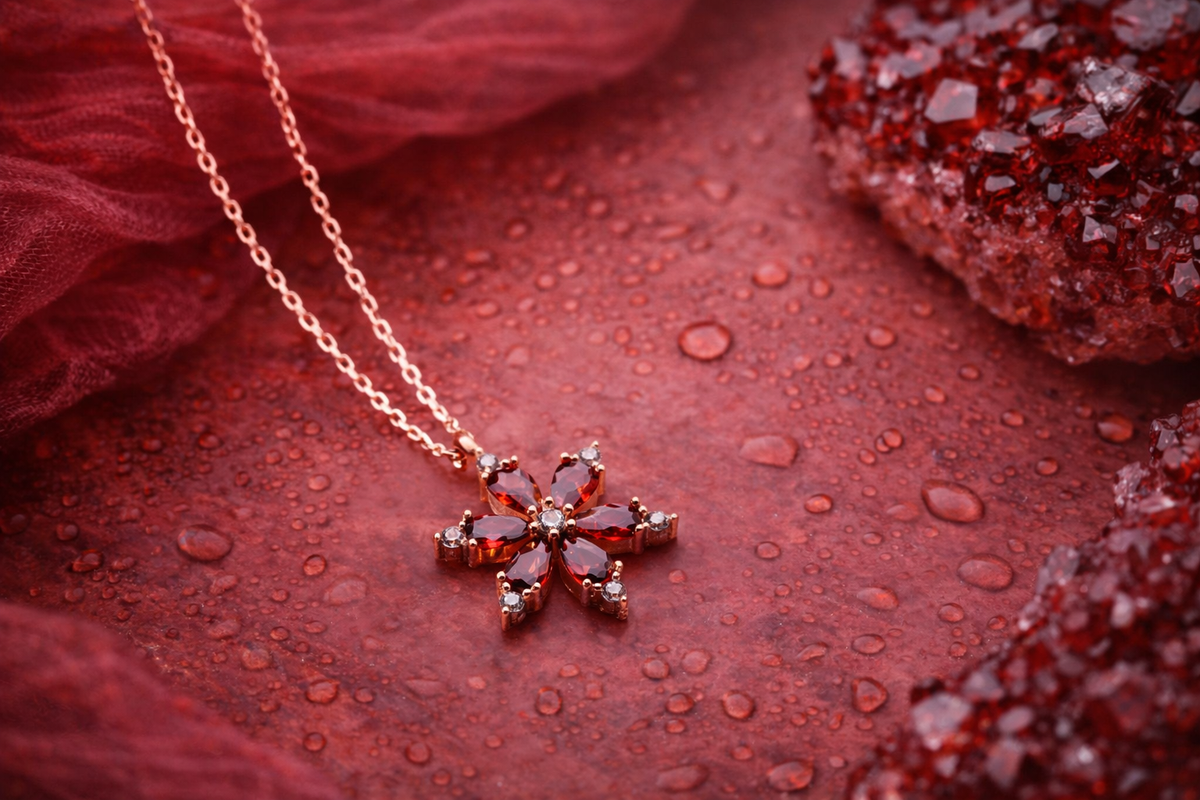 Garnet Flower Pendant Necklace in Rose Gold