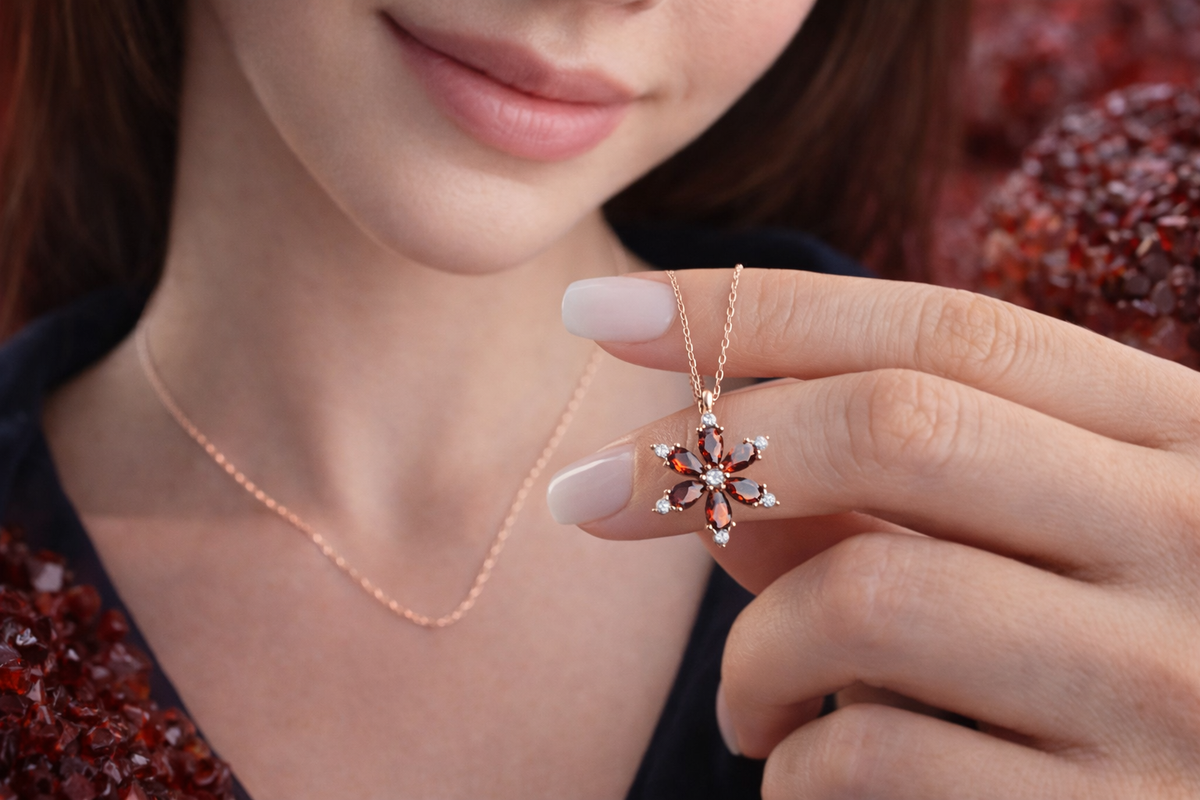 Garnet Flower Pendant Necklace in Rose Gold