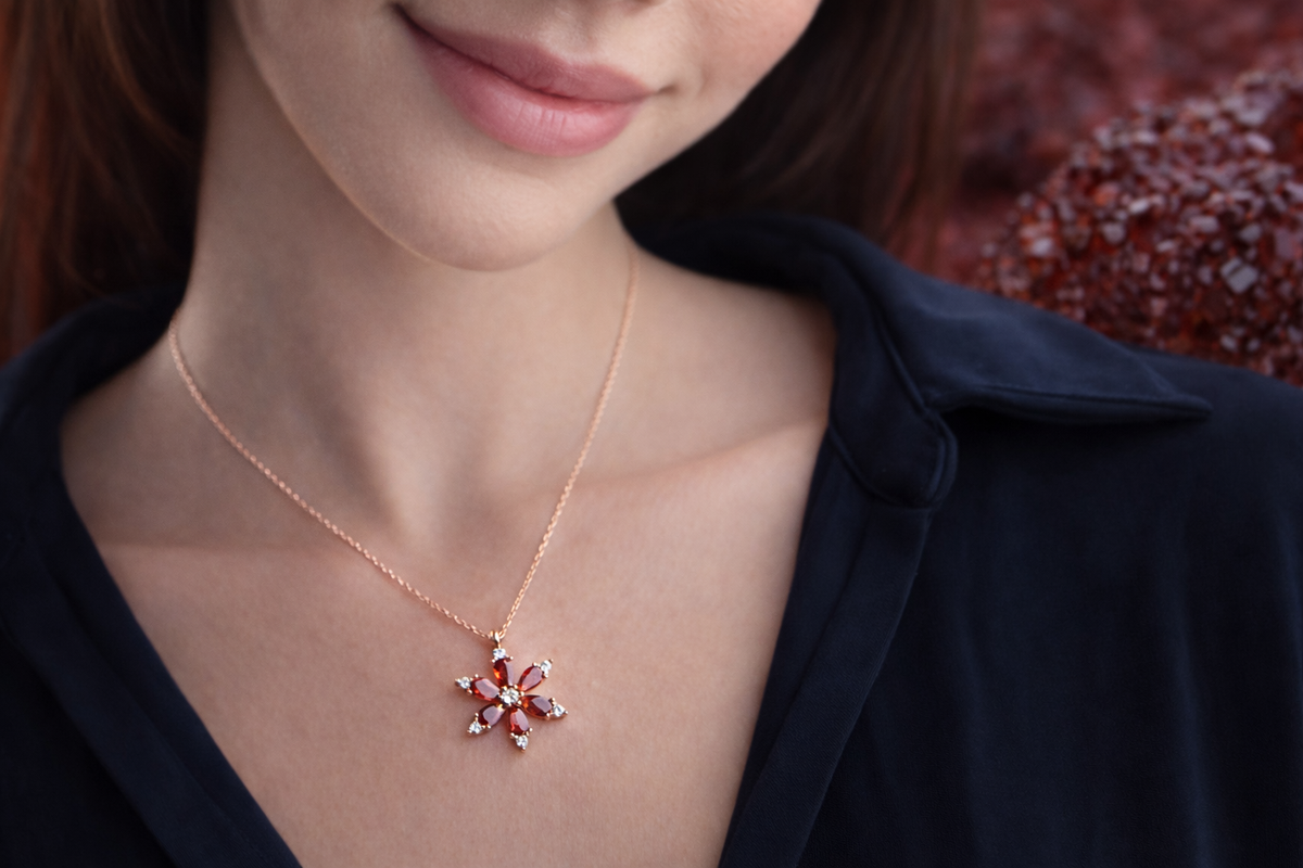 Garnet Flower Pendant Necklace in Rose Gold
