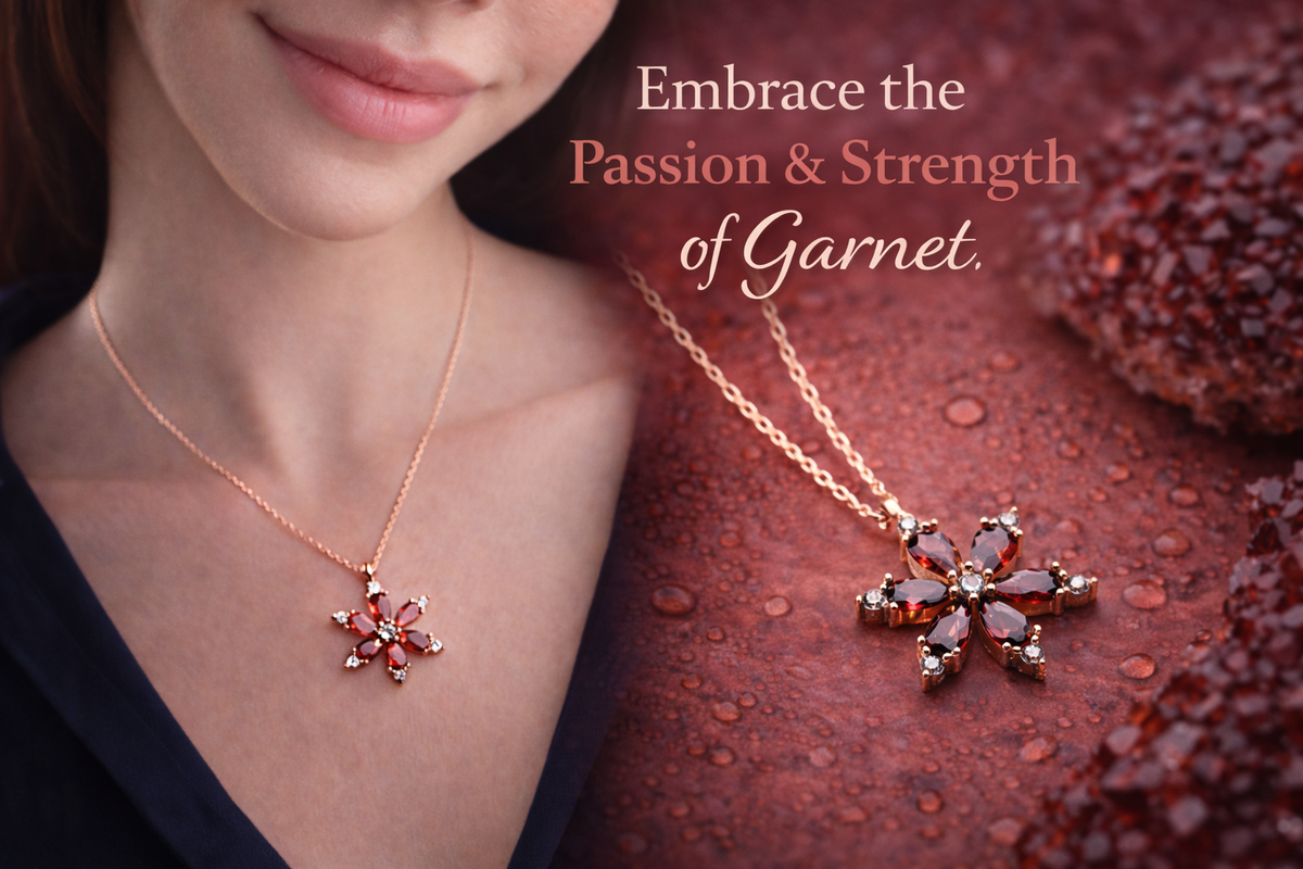 Garnet Flower Pendant Necklace in Rose Gold