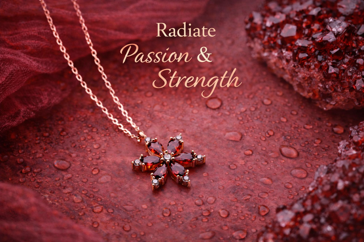 Garnet Flower Pendant Necklace in Rose Gold